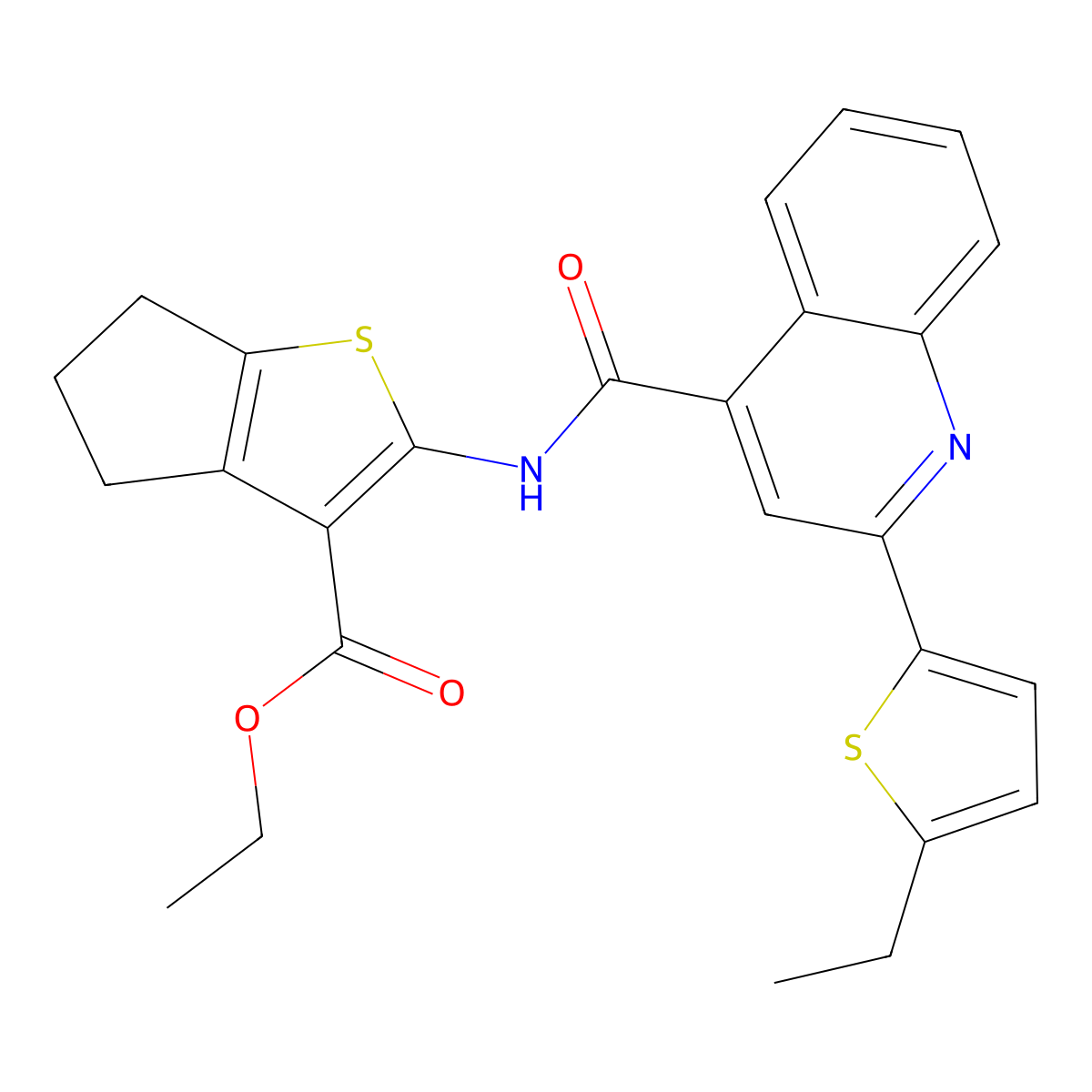 ethyl 2-[[2-(5-ethylthiophen-2-yl)quinoline-4-carbonyl]amino]-5,6-dihydro-4H-cyclopenta[b]thiophene-3-carboxylate molecular structure, CAS 438226-58-5