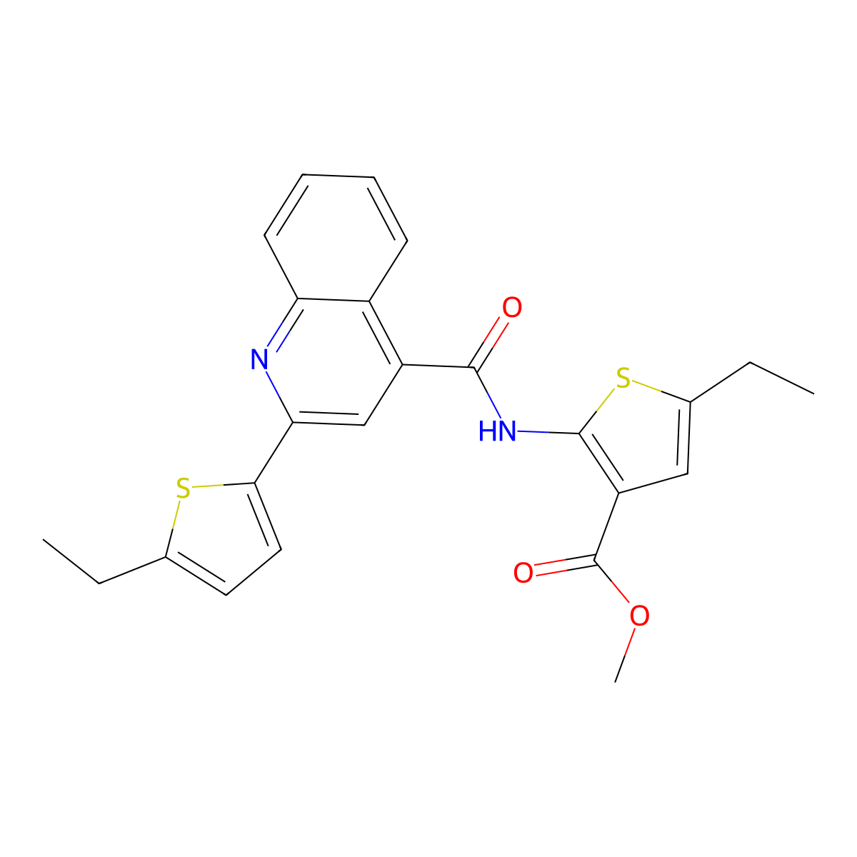 Methyl 5-ethyl-2-[[2-(5-ethylthiophen-2-yl)quinoline-4-carbonyl]amino]thiophene-3-carboxylate molecular structure, CAS 438226-63-2