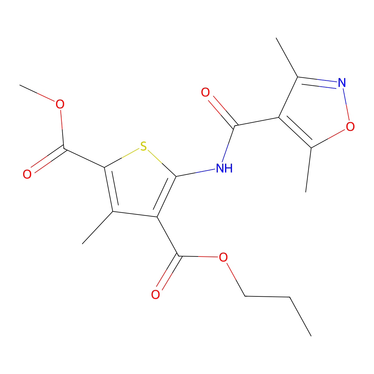 2-Methyl 4-propyl 5-{[(3,5-dimethyl-1,2-oxazol-4-yl)carbonyl]amino}-3-methylthiophene-2,4-dicarboxylate molecular structure, CAS 438226-72-3