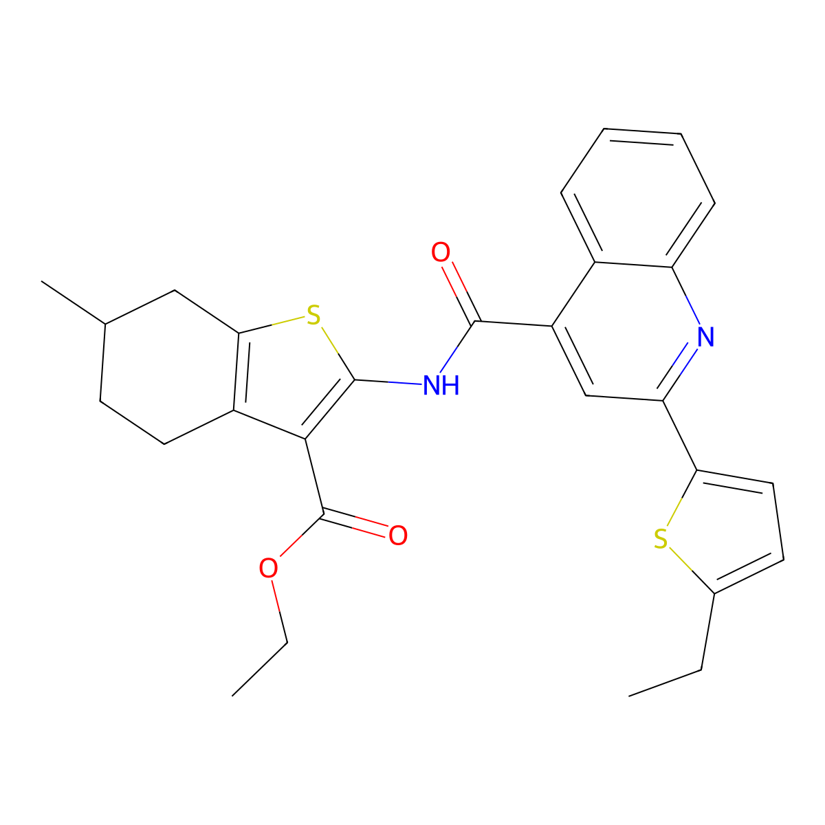 Ethyl 2-({[2-(5-ethylthiophen-2-yl)quinolin-4-yl]carbonyl}amino)-6-methyl-4,5,6,7-tetrahydro-1-benzothiophene-3-carboxylate molecular structure, CAS 438226-97-2