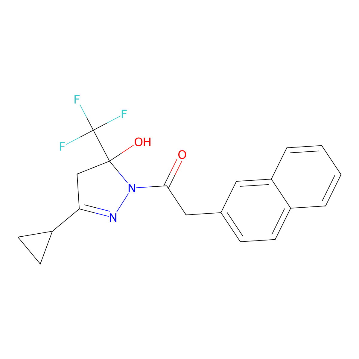 1-[3-cyclopropyl-5-hydroxy-5-(trifluoromethyl)-4H-pyrazol-1-yl]-2-naphthalen-2-ylethanone molecular structure, CAS 438227-13-5