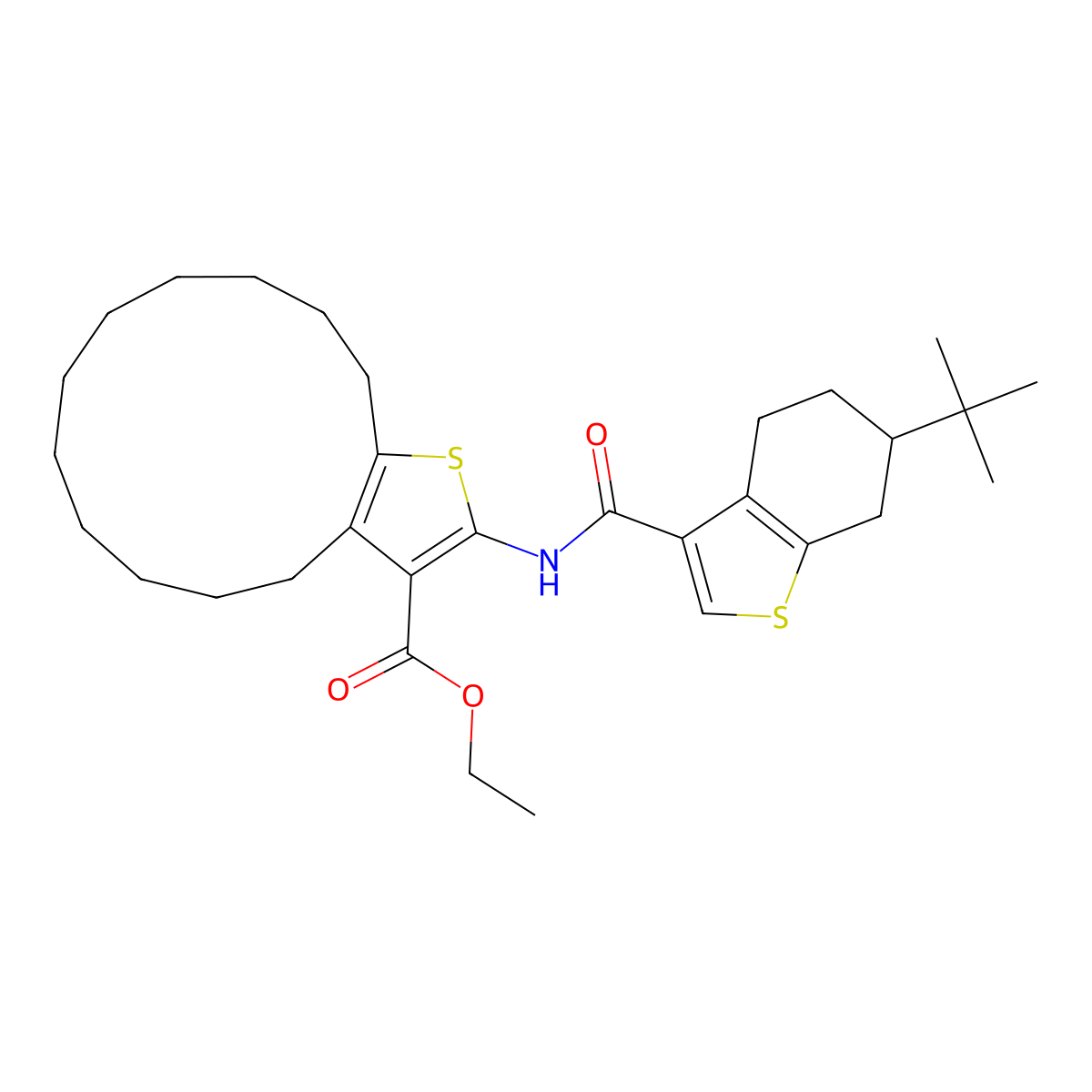 Ethyl 15-[(6-tert-butyl-4,5,6,7-tetrahydro-1-benzothiophene-3-carbonyl)amino]-14-thiabicyclo[11.3.0]hexadeca-1(13),15-diene-16-carboxylate molecular structure, CAS 438227-15-7