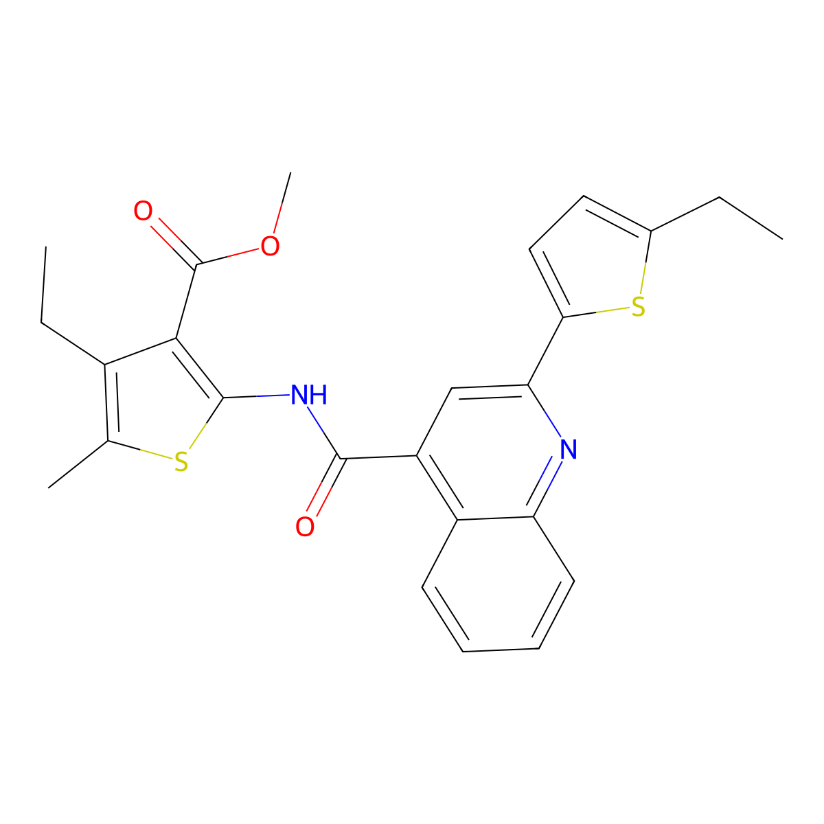 Methyl 4-ethyl-2-[[2-(5-ethylthiophen-2-yl)quinoline-4-carbonyl]amino]-5-methylthiophene-3-carboxylate molecular structure, CAS 438227-21-5