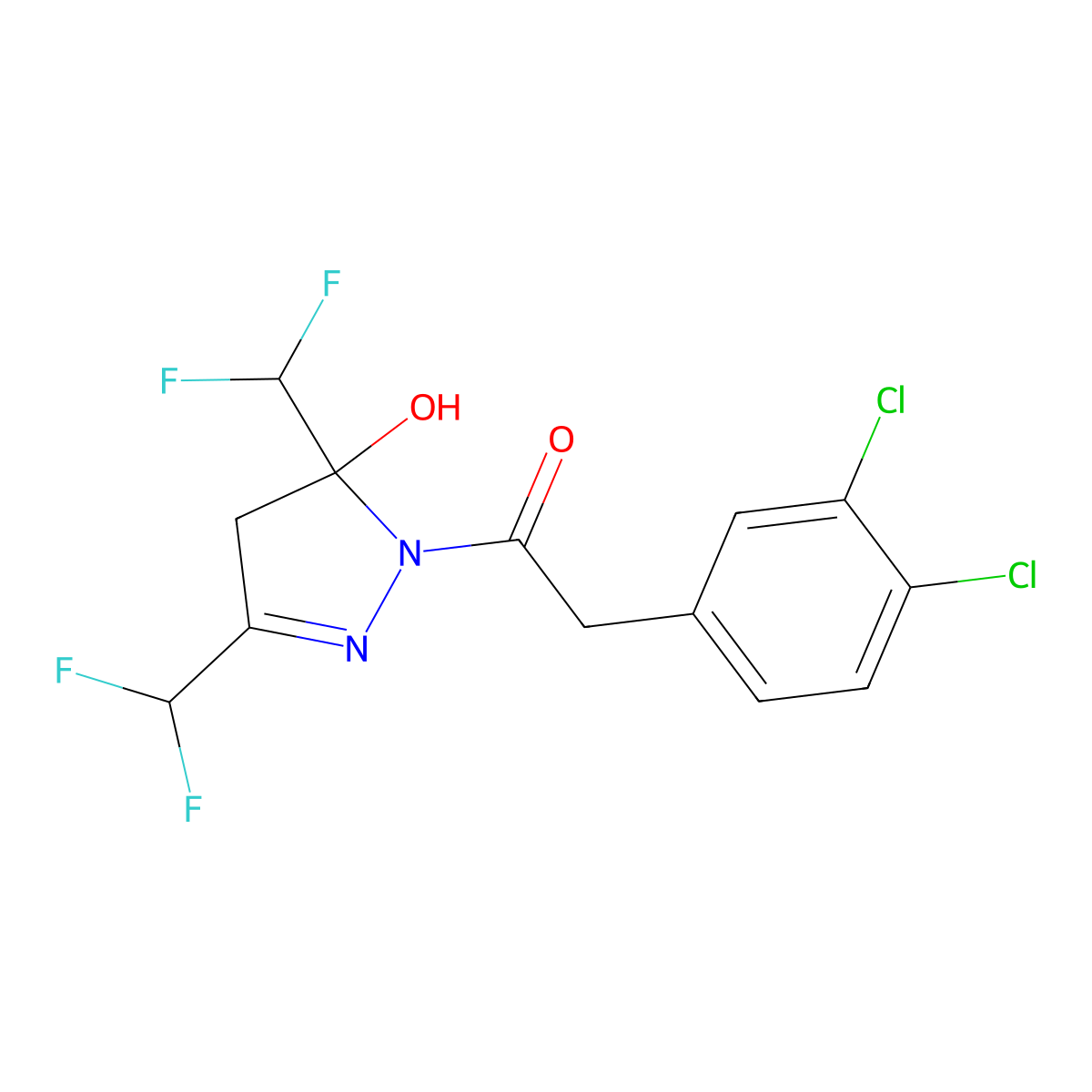 1-[3,5-bis(difluoromethyl)-5-hydroxy-4H-pyrazol-1-yl]-2-(3,4-dichlorophenyl)ethanone molecular structure, CAS 438227-46-4