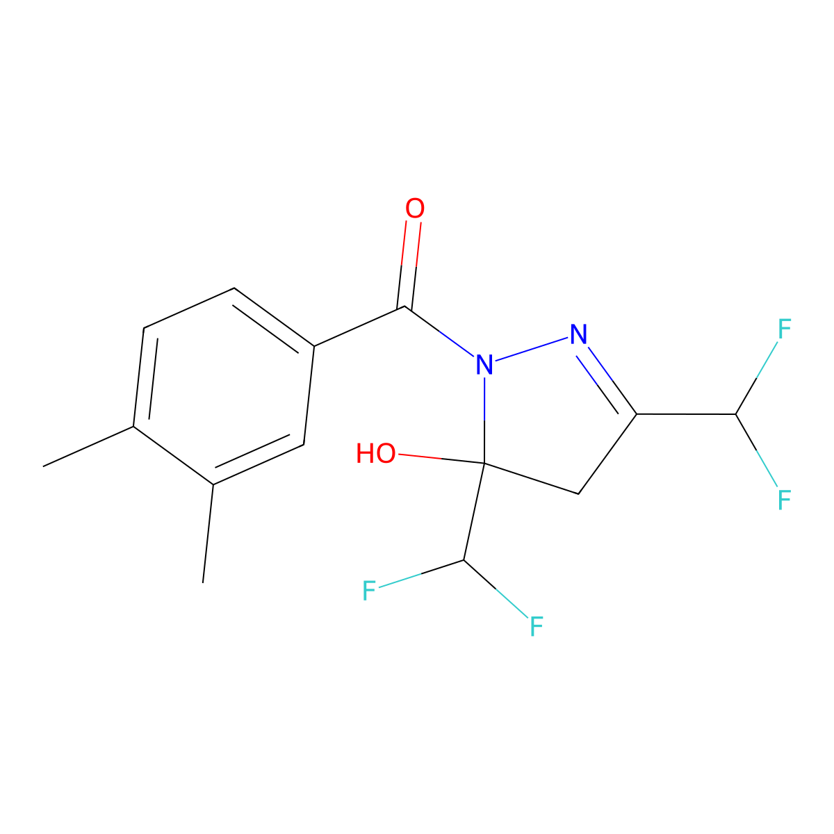 [3,5-bis(difluoromethyl)-5-hydroxy-4H-pyrazol-1-yl]-(3,4-dimethylphenyl)methanone molecular structure, CAS 438227-49-7