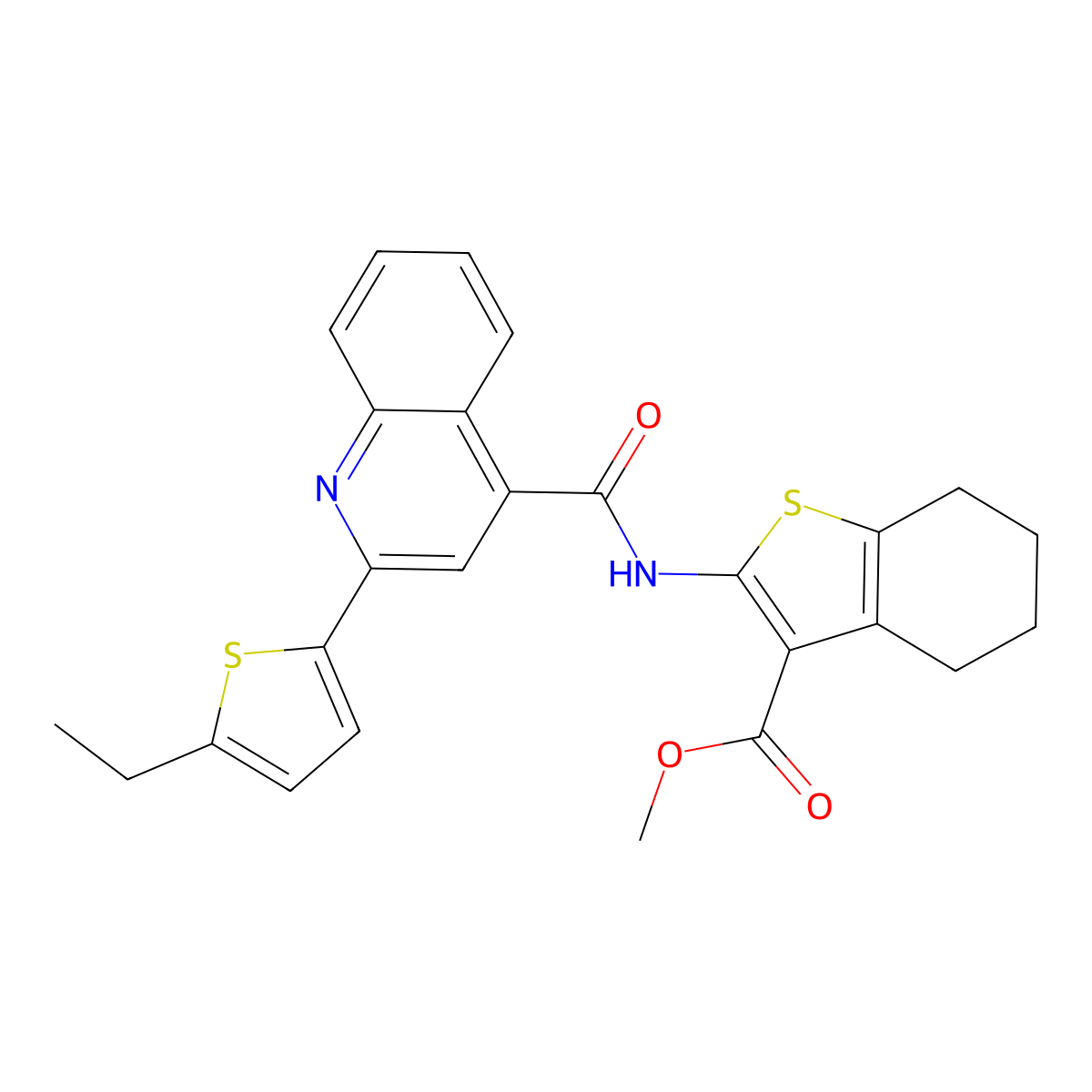 Methyl 2-[[2-(5-ethylthiophen-2-yl)quinoline-4-carbonyl]amino]-4,5,6,7-tetrahydro-1-benzothiophene-3-carboxylate molecular structure, CAS 438227-54-4