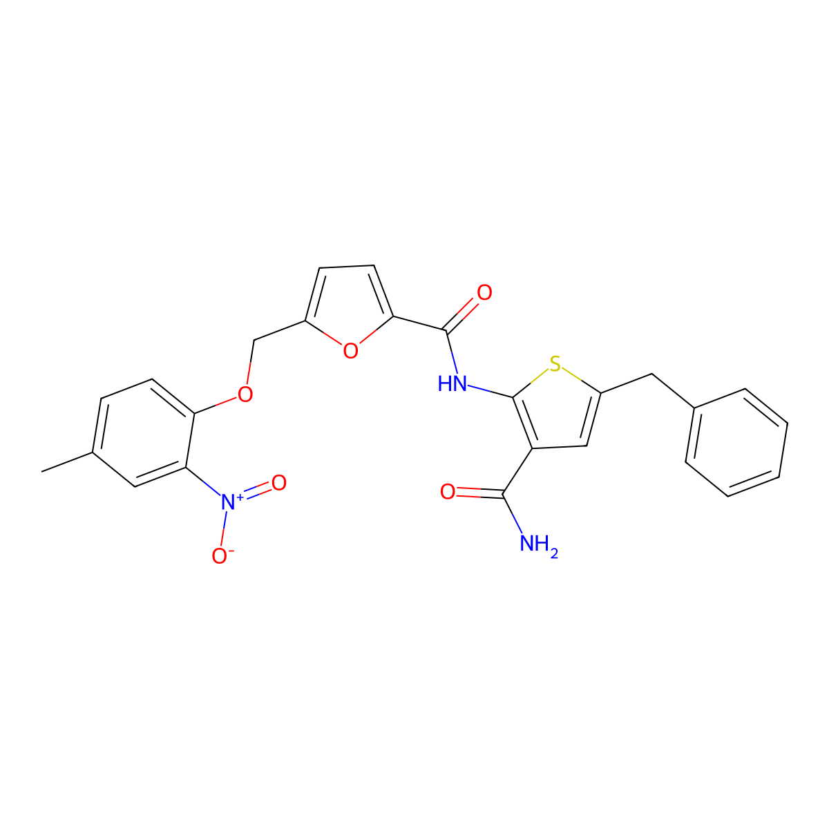 N-(3-(Aminocarbonyl)-5-(phenylmethyl)-2-thienyl)-5-((4-methyl-2-nitrophenoxy)methyl)-2-furancarboxamide molecular structure, CAS 438227-63-5