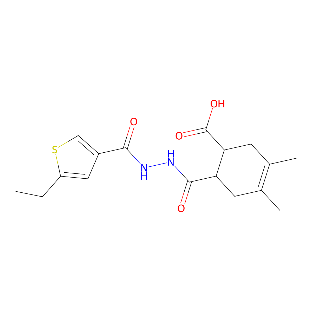 6-({2-[(5-Ethylthiophen-3-yl)carbonyl]hydrazinyl}carbonyl)-3,4-dimethylcyclohex-3-ene-1-carboxylic acid molecular structure, CAS 438227-79-3