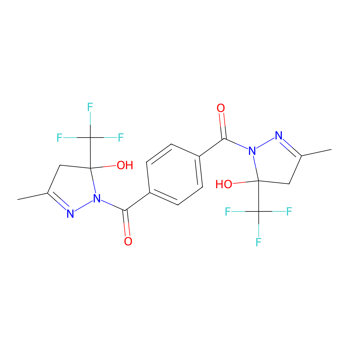 [4-[5-hydroxy-3-methyl-5-(trifluoromethyl)-4H-pyrazole-1-carbonyl]phenyl]-[5-hydroxy-3-methyl-5-(trifluoromethyl)-4H-pyrazol-1-yl]methanone molecular structure, CAS 438227-92-0