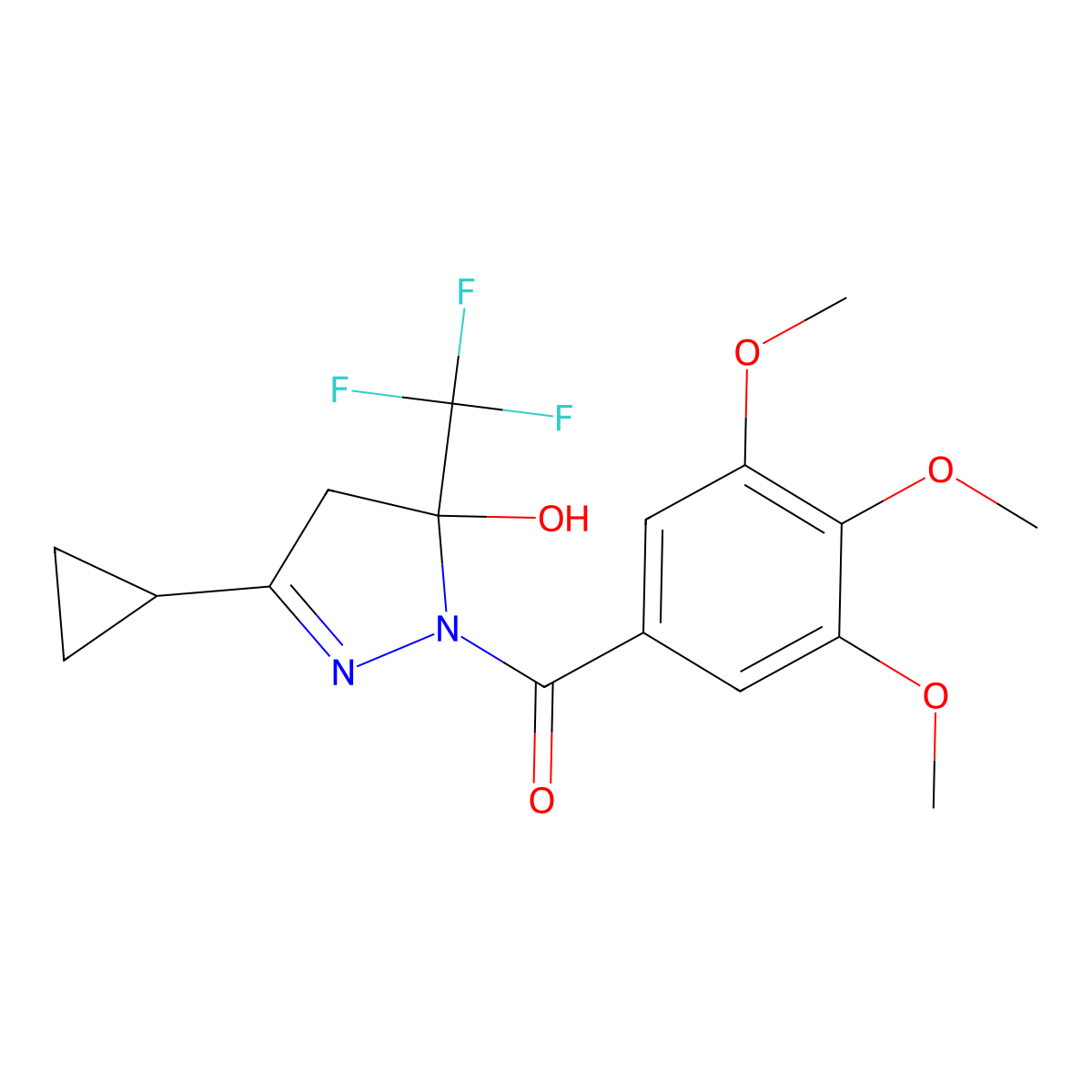 [3-cyclopropyl-5-hydroxy-5-(trifluoromethyl)-4H-pyrazol-1-yl]-(3,4,5-trimethoxyphenyl)methanone molecular structure, CAS 438228-05-8