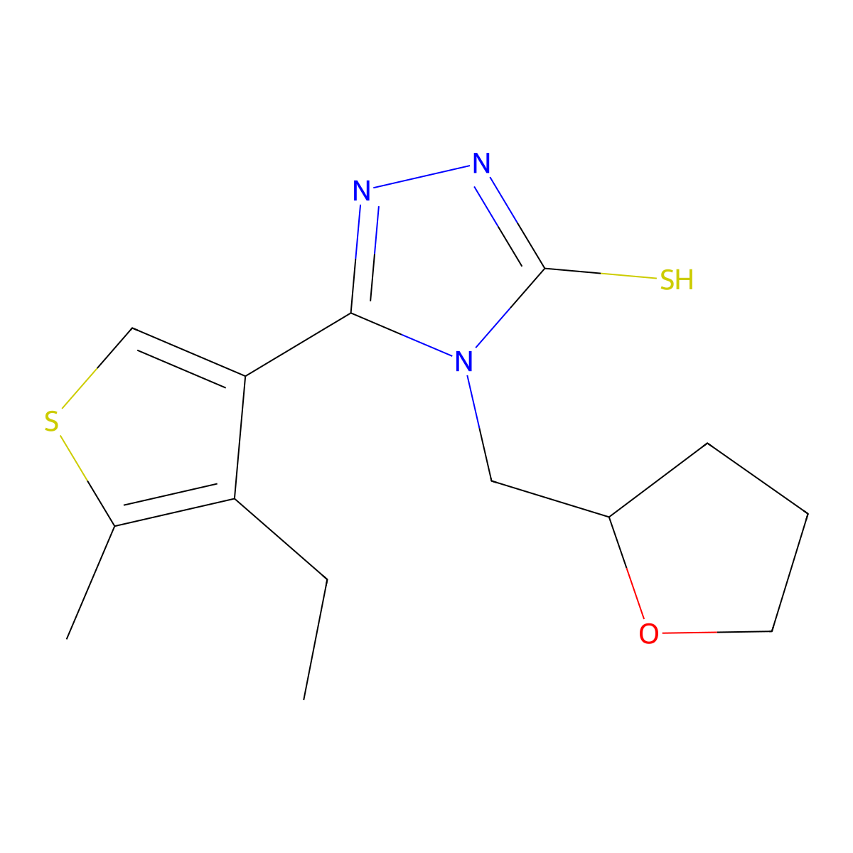 3-(4-ethyl-5-methylthiophen-3-yl)-4-(oxolan-2-ylmethyl)-1H-1,2,4-triazole-5-thione molecular structure, CAS 438228-14-9