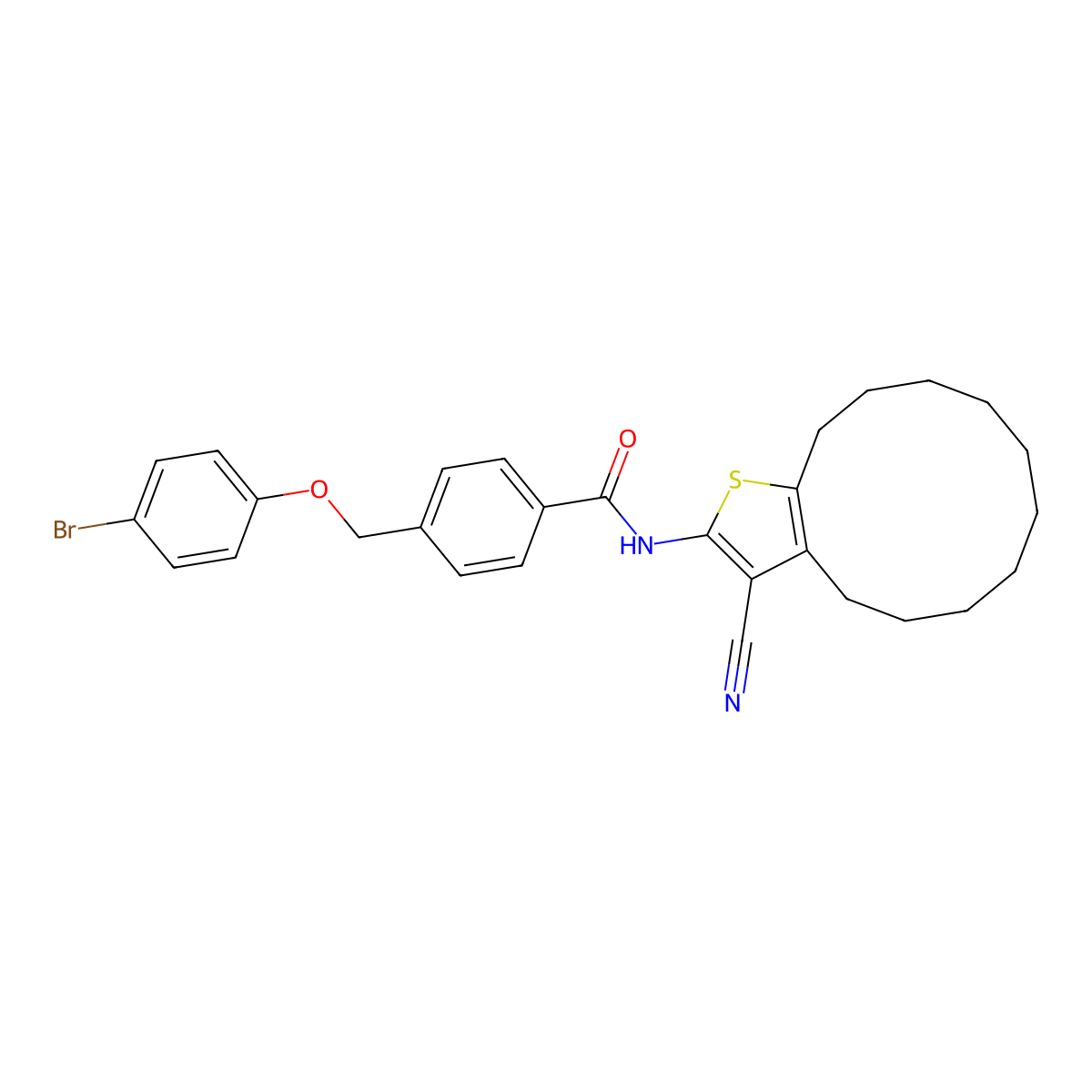 4-[(4-bromophenoxy)methyl]-N-(3-cyano-4,5,6,7,8,9,10,11,12,13-decahydrocyclododeca[b]thiophen-2-yl)benzamide molecular structure, CAS 438228-20-7
