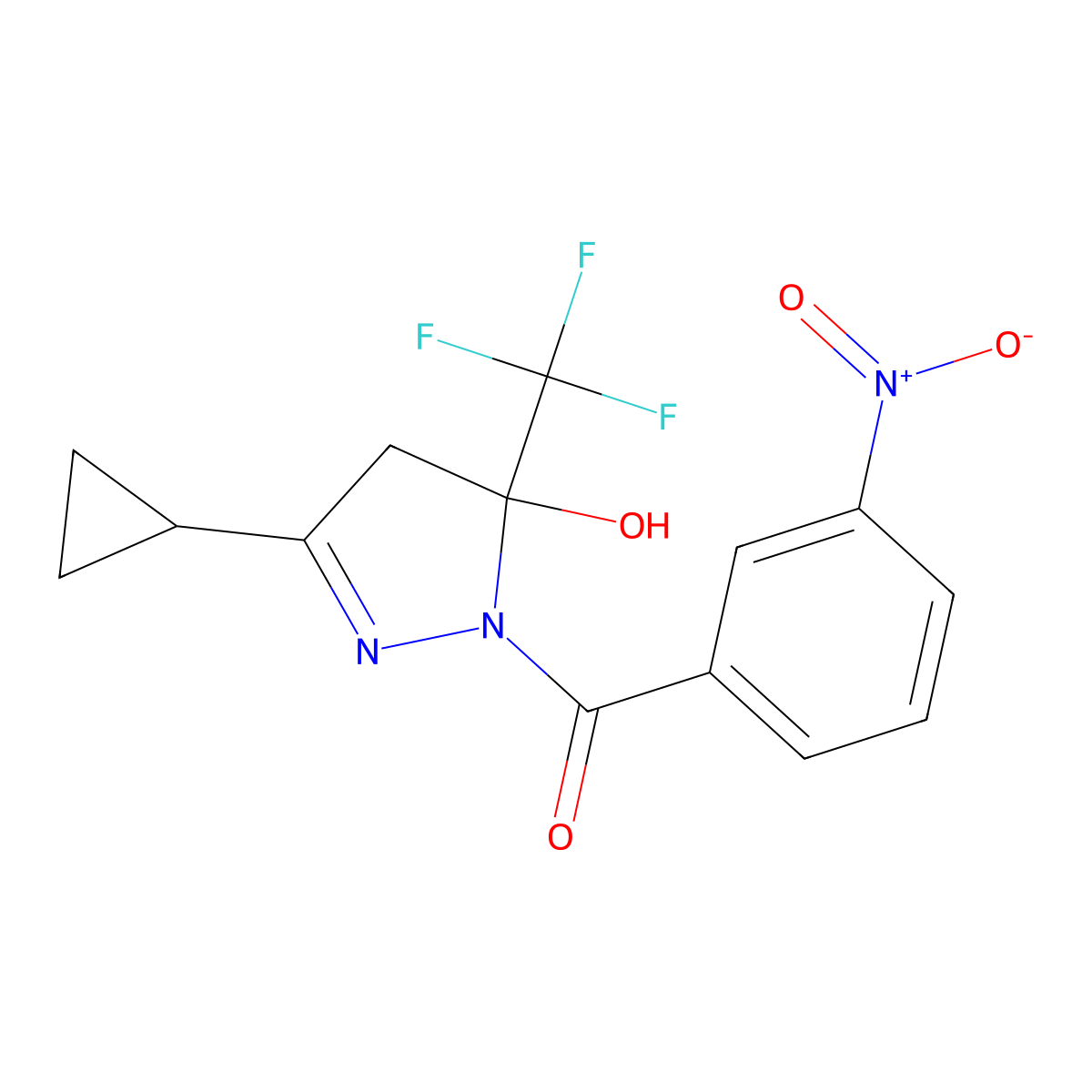 [3-cyclopropyl-5-hydroxy-5-(trifluoromethyl)-4H-pyrazol-1-yl]-(3-nitrophenyl)methanone molecular structure, CAS 438228-25-2