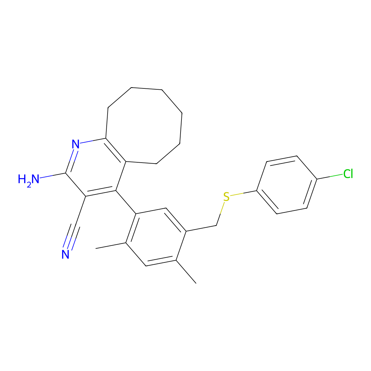 2-Amino-4-(5-{[(4-chlorophenyl)sulfanyl]methyl}-2,4-dimethylphenyl)-5,6,7,8,9,10-hexahydrocycloocta[b]pyridine-3-carbonitrile molecular structure, CAS 438228-44-5