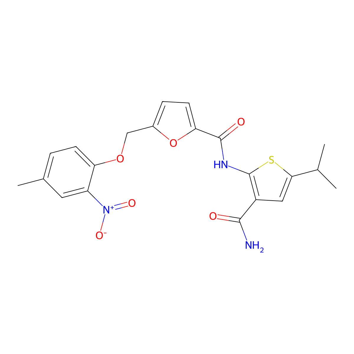 N-(3-carbamoyl-5-propan-2-ylthiophen-2-yl)-5-[(4-methyl-2-nitrophenoxy)methyl]furan-2-carboxamide molecular structure, CAS 438228-47-8