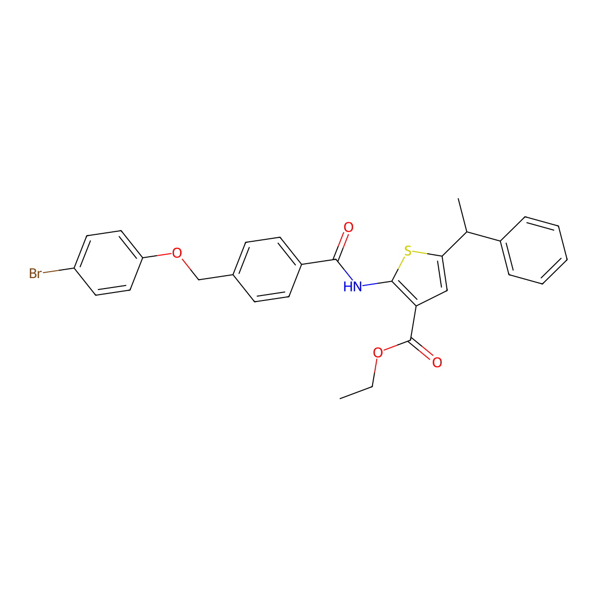 Ethyl 2-({4-[(4-bromophenoxy)methyl]benzoyl}amino)-5-(1-phenylethyl)-3-thiophenecarboxylate molecular structure, CAS 438228-56-9