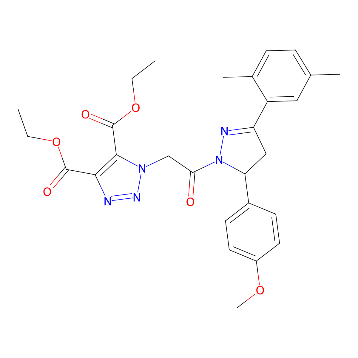 diethyl 1-{2-[3-(2,5-dimethylphenyl)-5-(4-methoxyphenyl)-4,5-dihydro-1H-pyrazol-1-yl]-2-oxoethyl}-1H-1,2,3-triazole-4,5-dicarboxylate molecular structure, CAS 438228-58-1