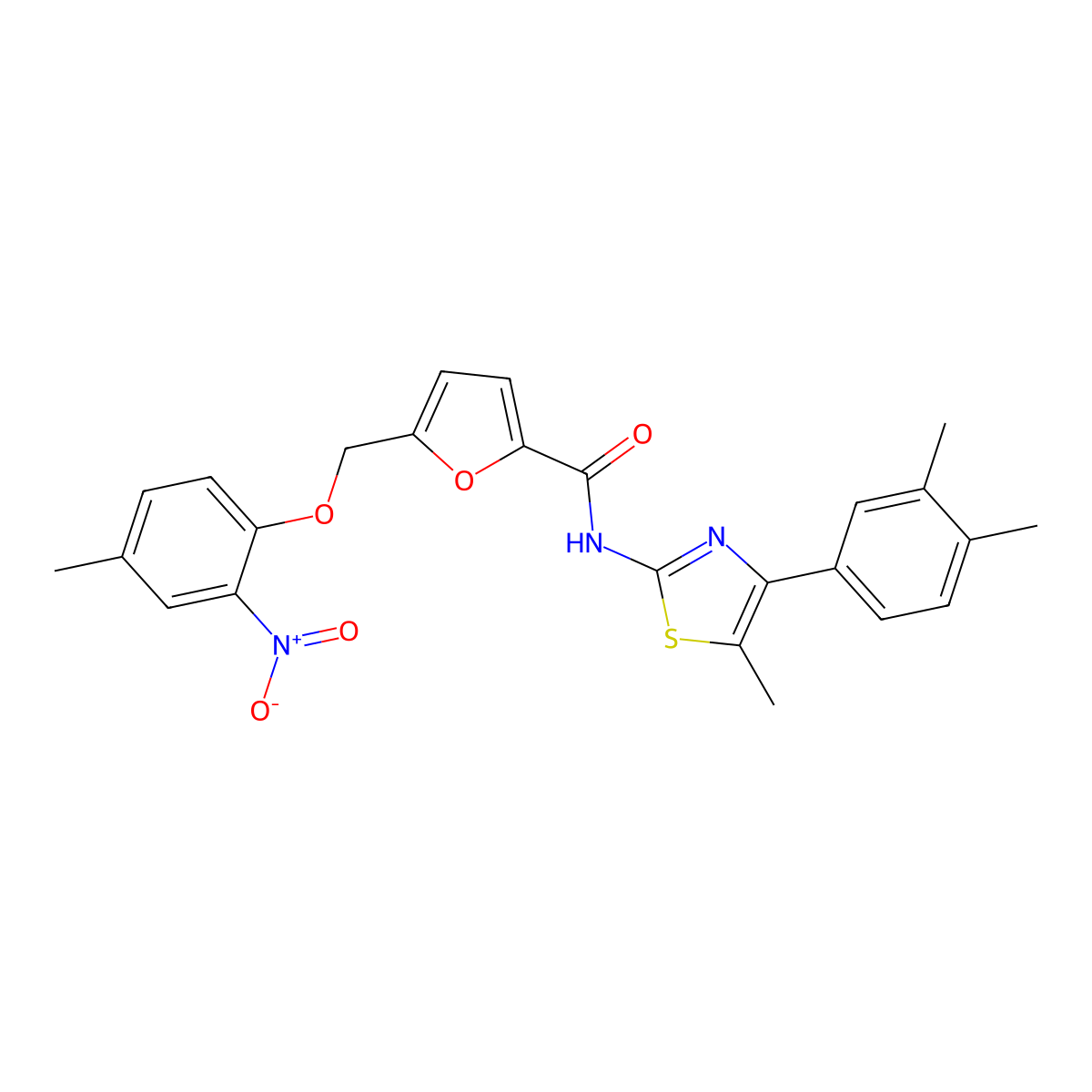N-[4-(3,4-dimethylphenyl)-5-methyl-1,3-thiazol-2-yl]-5-[(4-methyl-2-nitrophenoxy)methyl]furan-2-carboxamide molecular structure, CAS 438228-77-4