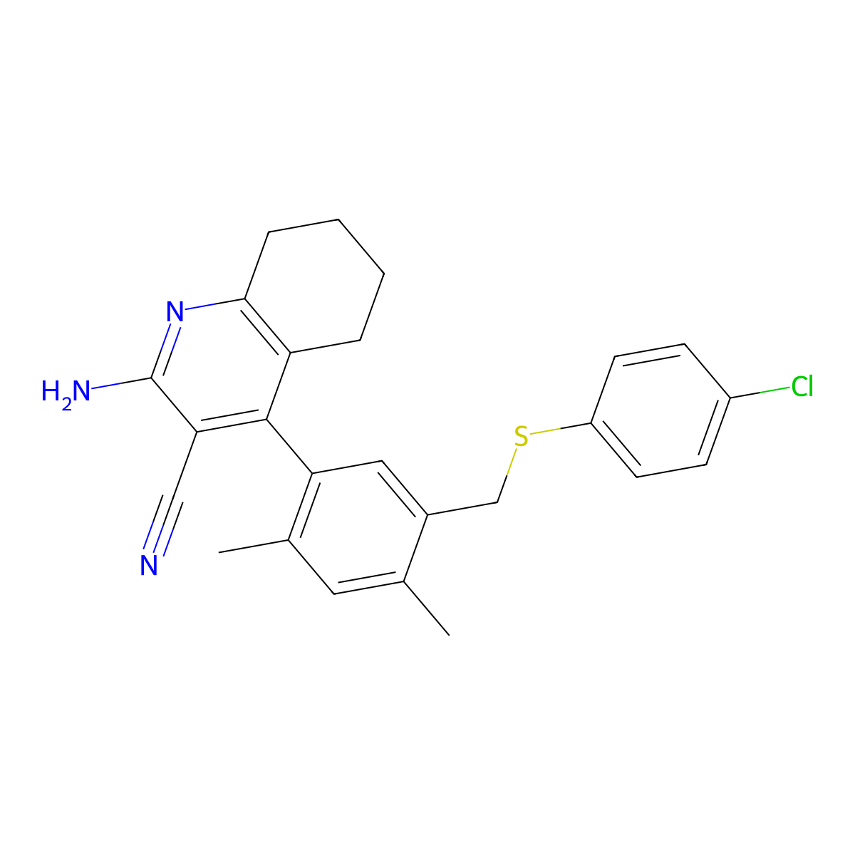 2-Amino-4-(5-{[(4-chlorophenyl)sulfanyl]methyl}-2,4-dimethylphenyl)-5,6,7,8-tetrahydro-3-quinolinecarbonitrile molecular structure, CAS 438228-80-9