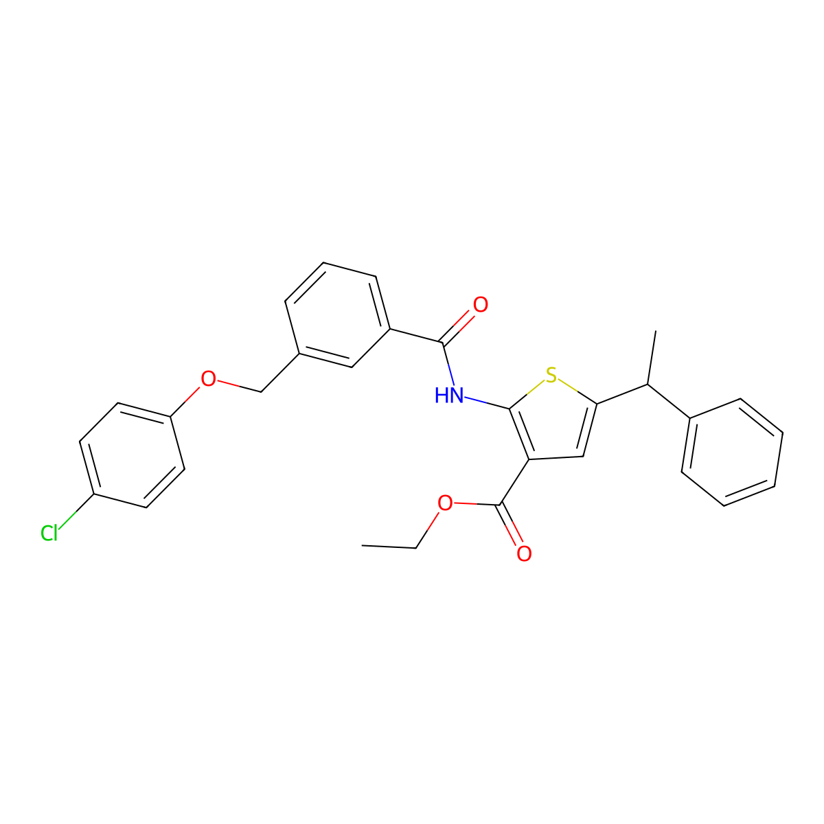 Ethyl 2-({3-[(4-chlorophenoxy)methyl]benzoyl}amino)-5-(1-phenylethyl)-3-thiophenecarboxylate molecular structure, CAS 438228-96-7