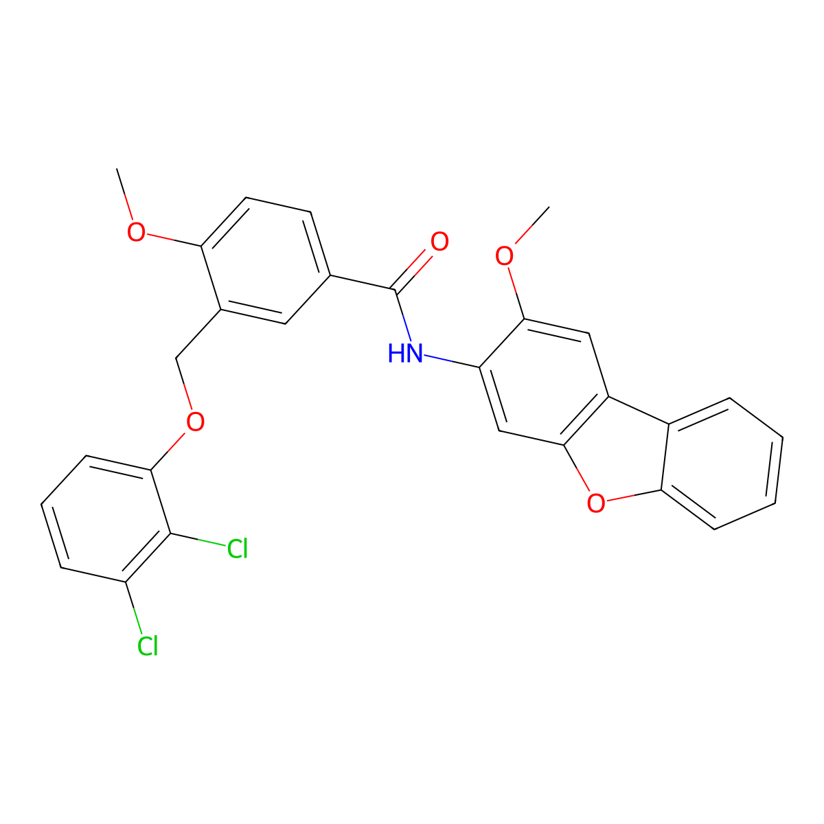3-[(2,3-dichlorophenoxy)methyl]-4-methoxy-N-(2-methoxydibenzofuran-3-yl)benzamide molecular structure, CAS 438229-00-6