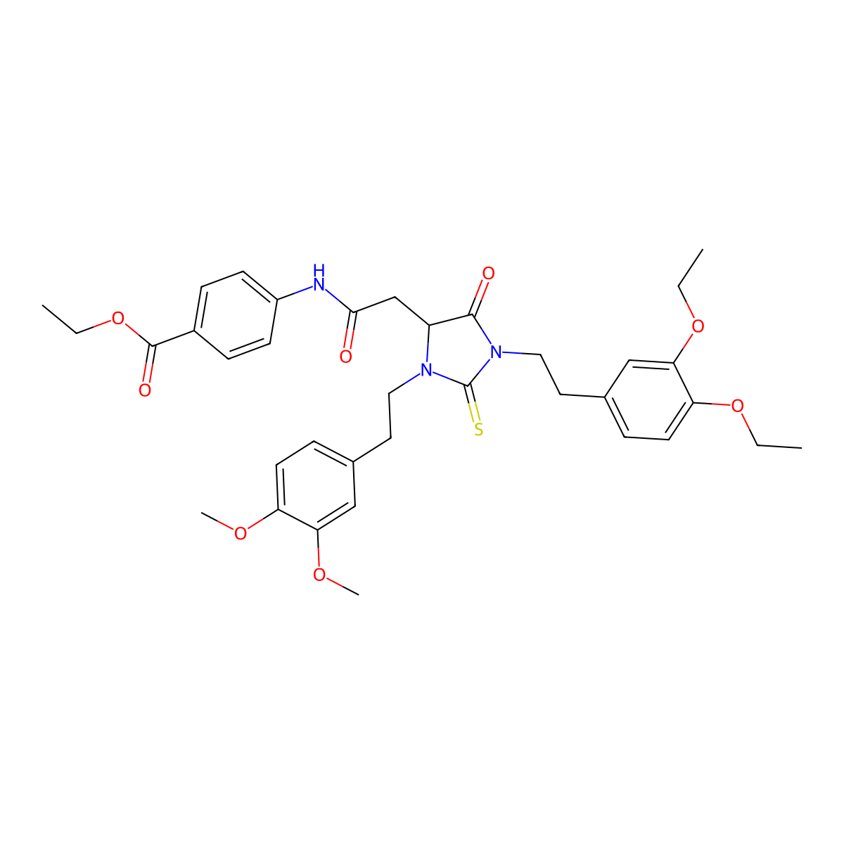 Ethyl 4-[({1-[2-(3,4-diethoxyphenyl)ethyl]-3-[2-(3,4-dimethoxyphenyl)ethyl]-5-oxo-2-thioxo-4-imidazolidinyl}acetyl)amino]benzoate molecular structure, CAS 438229-03-9