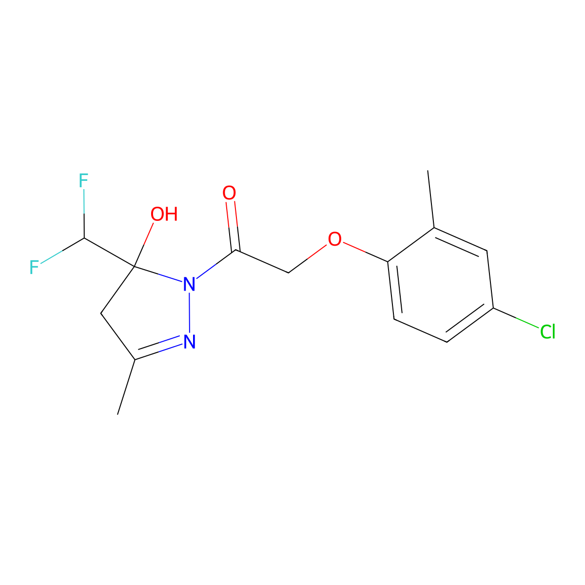 2-(4-chloro-2-methylphenoxy)-1-[5-(difluoromethyl)-5-hydroxy-3-methyl-4H-pyrazol-1-yl]ethanone molecular structure, CAS 438229-17-5