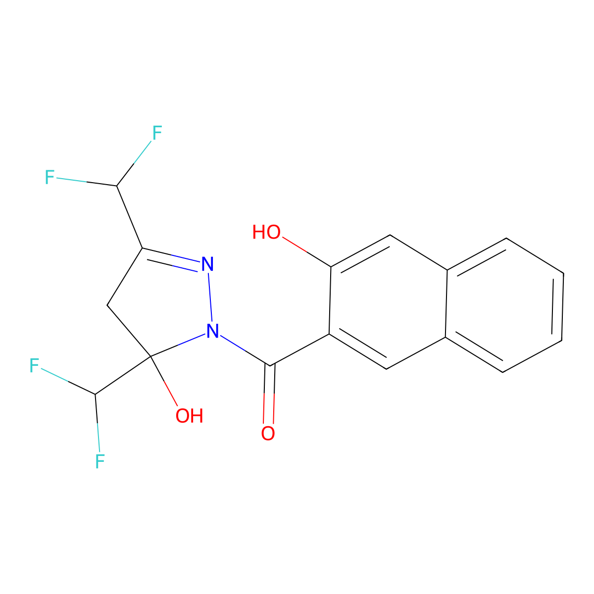 [3,5-bis(difluoromethyl)-5-hydroxy-4H-pyrazol-1-yl]-(3-hydroxynaphthalen-2-yl)methanone molecular structure, CAS 438229-20-0