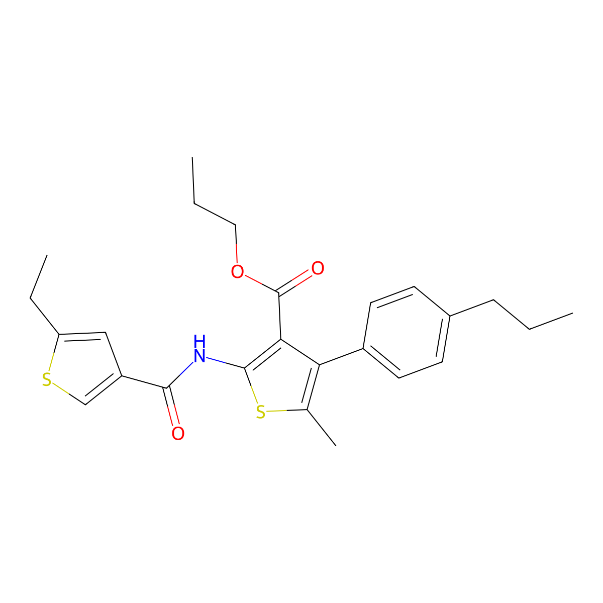 Propyl 2-[(5-ethylthiophene-3-carbonyl)amino]-5-methyl-4-(4-propylphenyl)thiophene-3-carboxylate molecular structure, CAS 438229-31-3