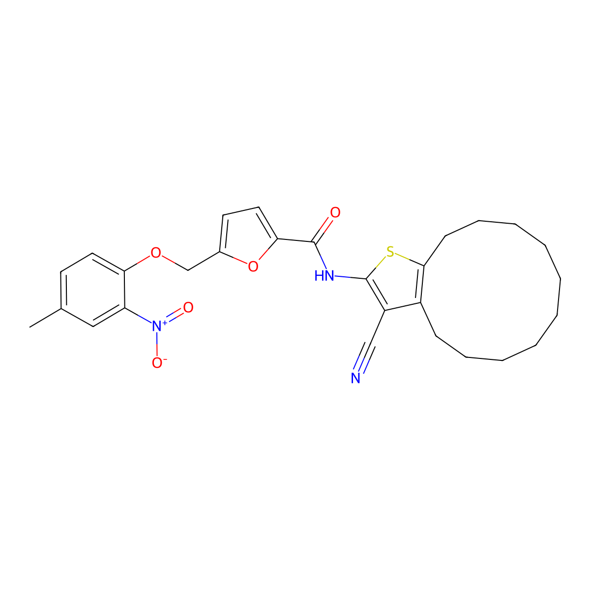 N-(3-cyano-4,5,6,7,8,9,10,11,12,13-decahydrocyclododeca[b]thiophen-2-yl)-5-[(4-methyl-2-nitrophenoxy)methyl]furan-2-carboxamide molecular structure, CAS 438229-50-6