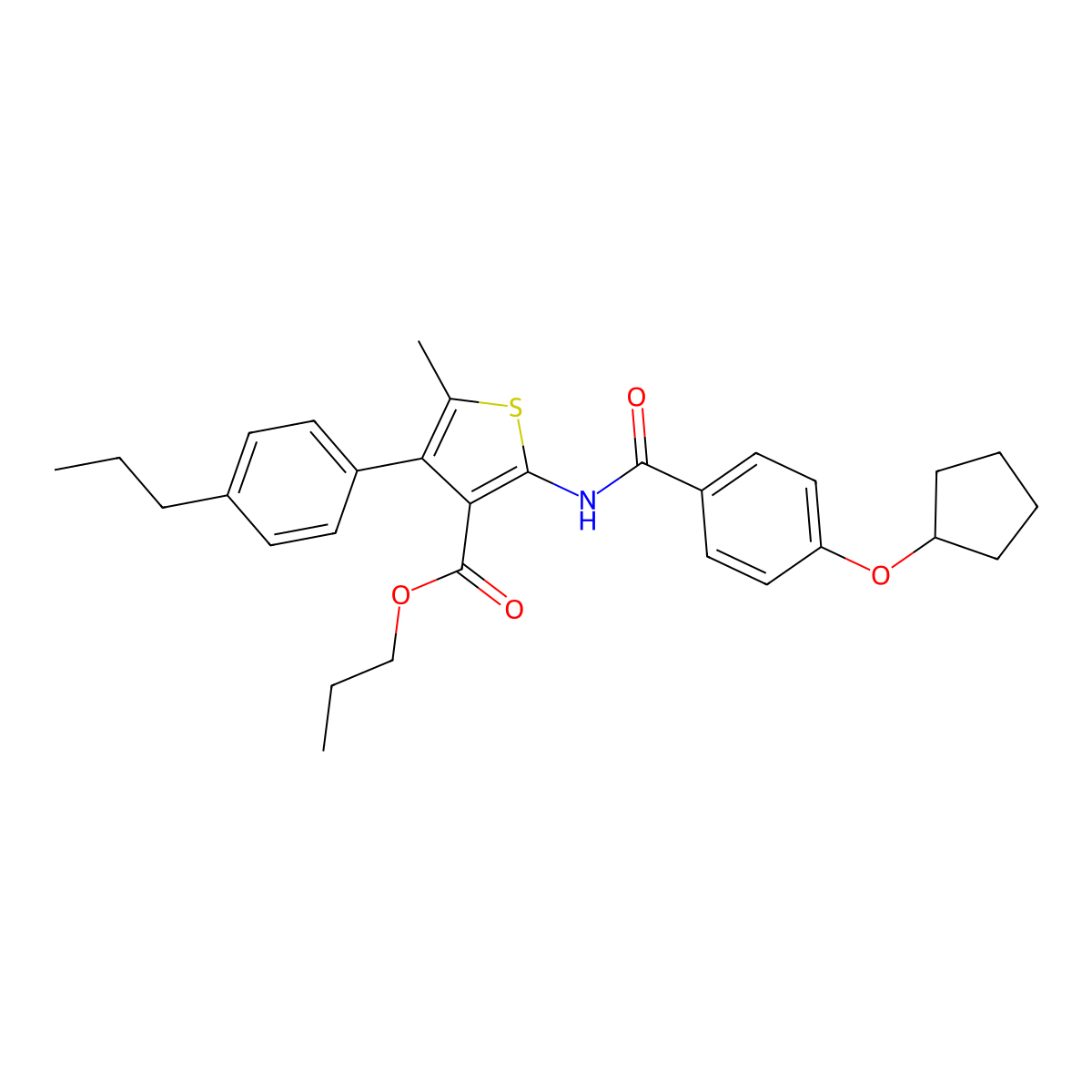 Propyl 2-[(4-cyclopentyloxybenzoyl)amino]-5-methyl-4-(4-propylphenyl)thiophene-3-carboxylate molecular structure, CAS 438229-55-1