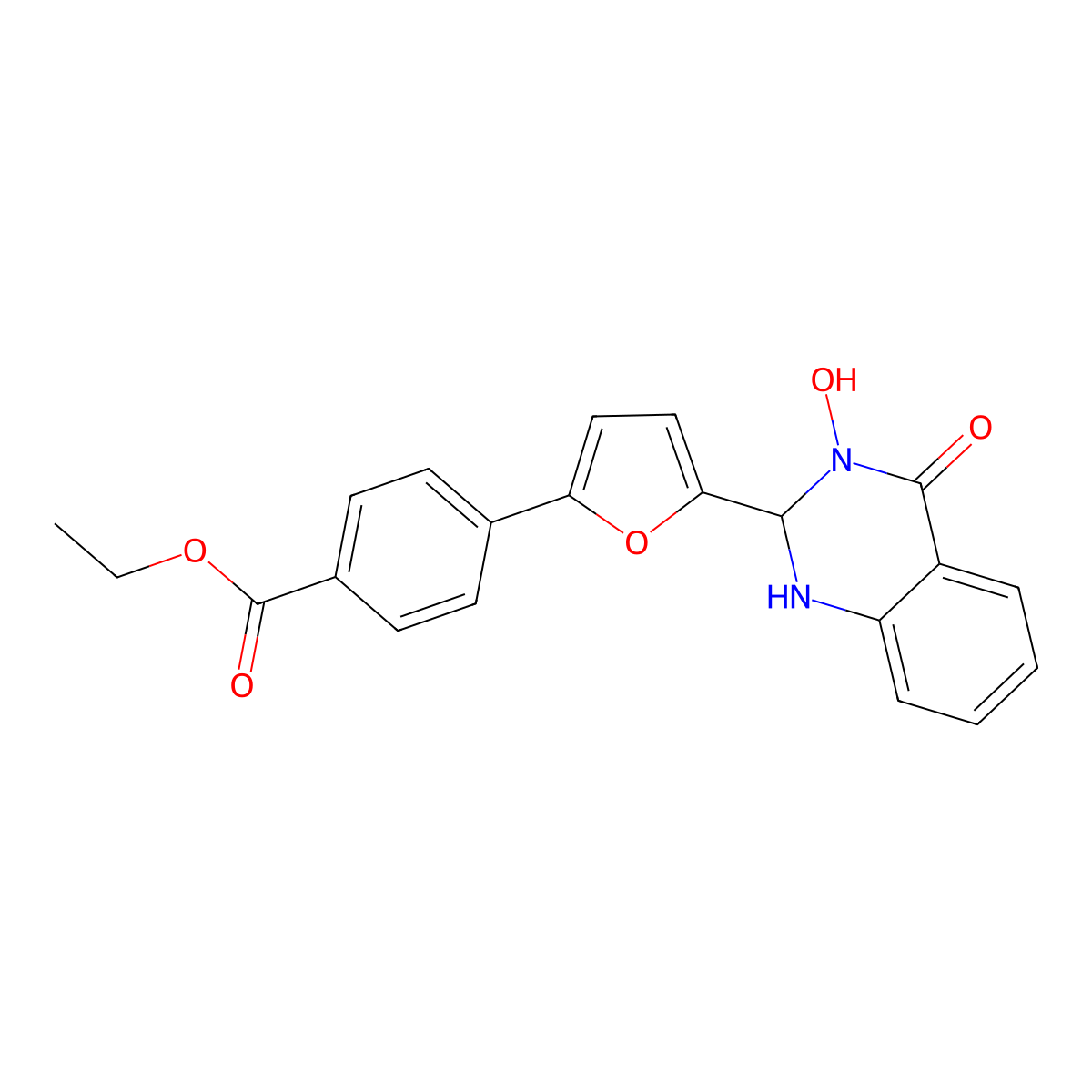 Ethyl 4-[5-(3-hydroxy-4-oxo-1,2,3,4-tetrahydro-2-quinazolinyl)-2-furyl]benzoate molecular structure, CAS 438229-62-0