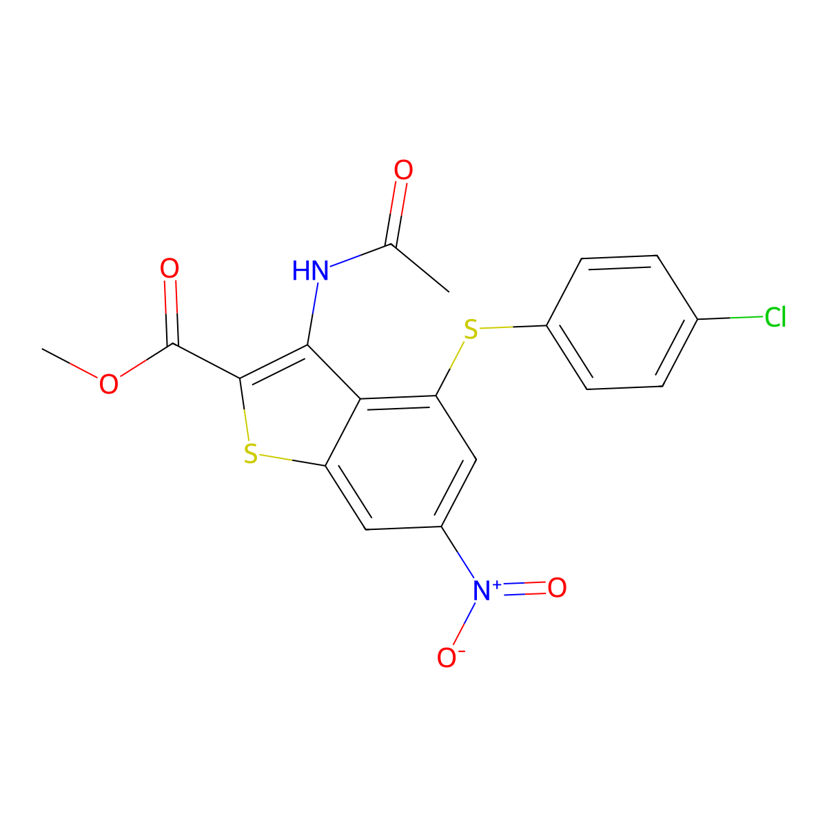 Methyl 3-(acetylamino)-4-[(4-chlorophenyl)sulfanyl]-6-nitro-1-benzothiophene-2-carboxylate molecular structure, CAS 438229-92-6