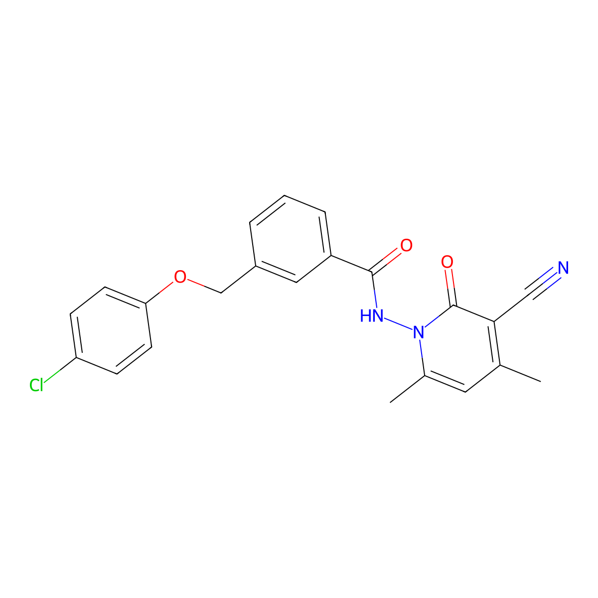 3-((4-Chlorophenoxy)methyl)-N-(3-cyano-4,6-dimethyl-2-oxo-1(2H)-pyridinyl)benzamide molecular structure, CAS 438229-97-1