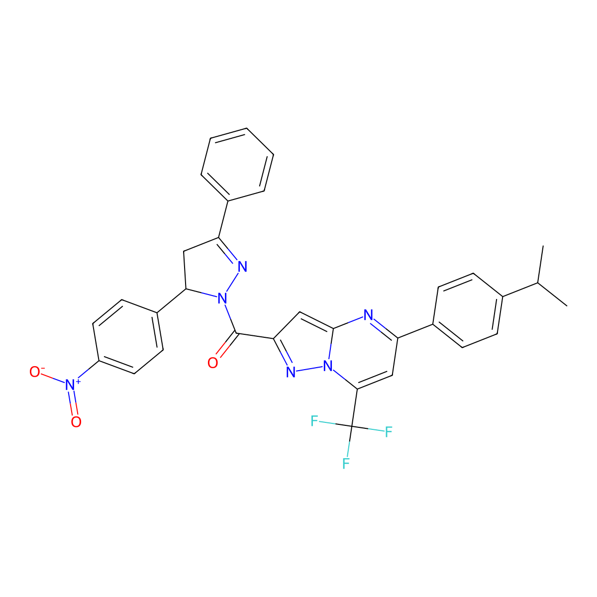 [3-(4-Nitrophenyl)-5-phenyl-3,4-dihydropyrazol-2-yl]-[5-(4-propan-2-ylphenyl)-7-(trifluoromethyl)pyrazolo[1,5-a]pyrimidin-2-yl]methanone molecular structure, CAS 438229-98-2
