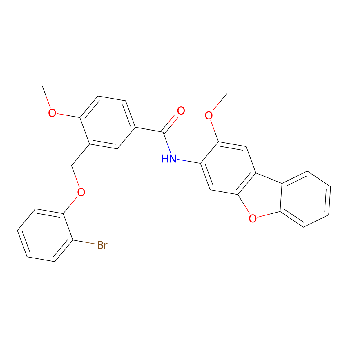 3-[(2-bromophenoxy)methyl]-4-methoxy-N-(2-methoxydibenzofuran-3-yl)benzamide molecular structure, CAS 438229-99-3