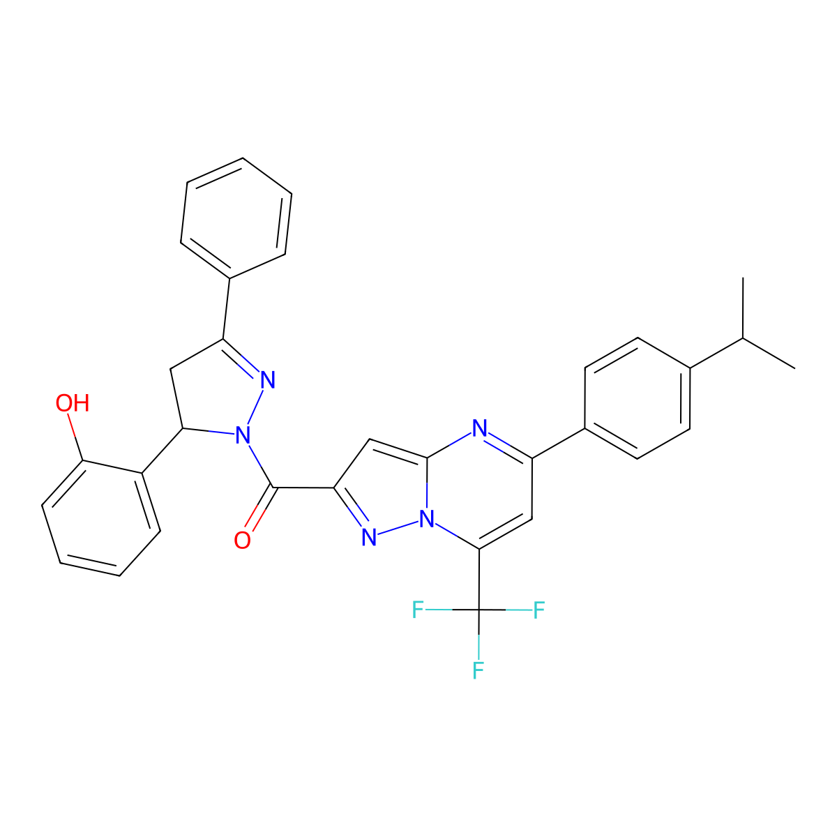 [3-(2-Hydroxyphenyl)-5-phenyl-3,4-dihydropyrazol-2-yl]-[5-(4-propan-2-ylphenyl)-7-(trifluoromethyl)pyrazolo[1,5-a]pyrimidin-2-yl]methanone molecular structure, CAS 438230-26-3