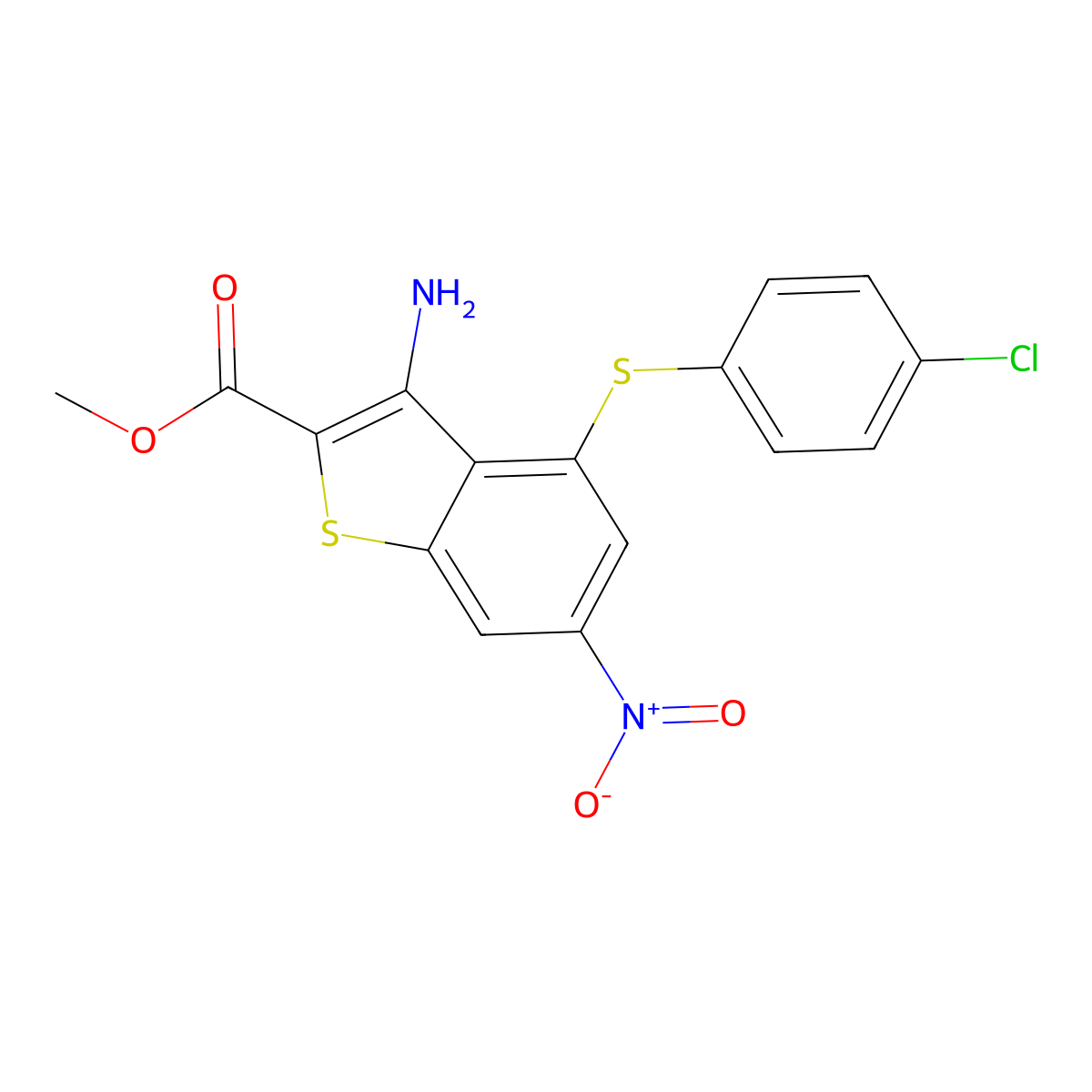 Methyl 3-amino-4-[(4-chlorophenyl)sulfanyl]-6-nitro-1-benzothiophene-2-carboxylate molecular structure, CAS 438230-49-0