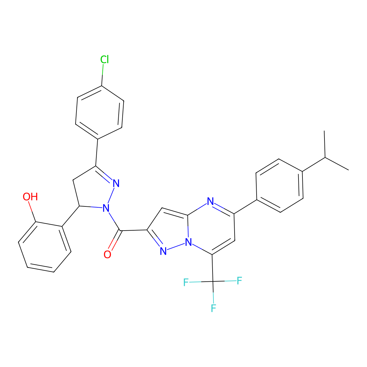 [5-(4-Chlorophenyl)-3-(2-hydroxyphenyl)-3,4-dihydropyrazol-2-yl]-[5-(4-propan-2-ylphenyl)-7-(trifluoromethyl)pyrazolo[1,5-a]pyrimidin-2-yl]methanone molecular structure, CAS 438230-51-4