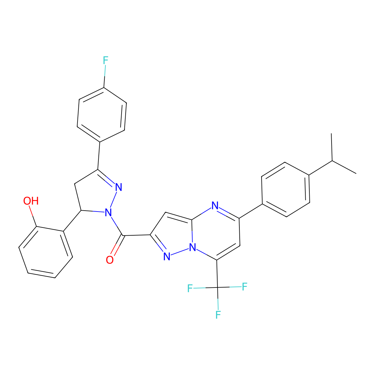 [5-(4-Fluorophenyl)-3-(2-hydroxyphenyl)-3,4-dihydropyrazol-2-yl]-[5-(4-propan-2-ylphenyl)-7-(trifluoromethyl)pyrazolo[1,5-a]pyrimidin-2-yl]methanone molecular structure, CAS 438230-69-4