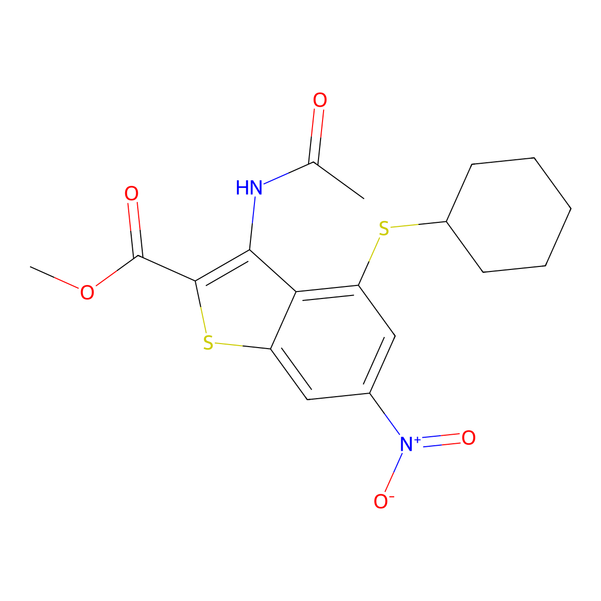 Methyl 3-(acetylamino)-4-(cyclohexylsulfanyl)-6-nitro-1-benzothiophene-2-carboxylate molecular structure, CAS 438230-71-8