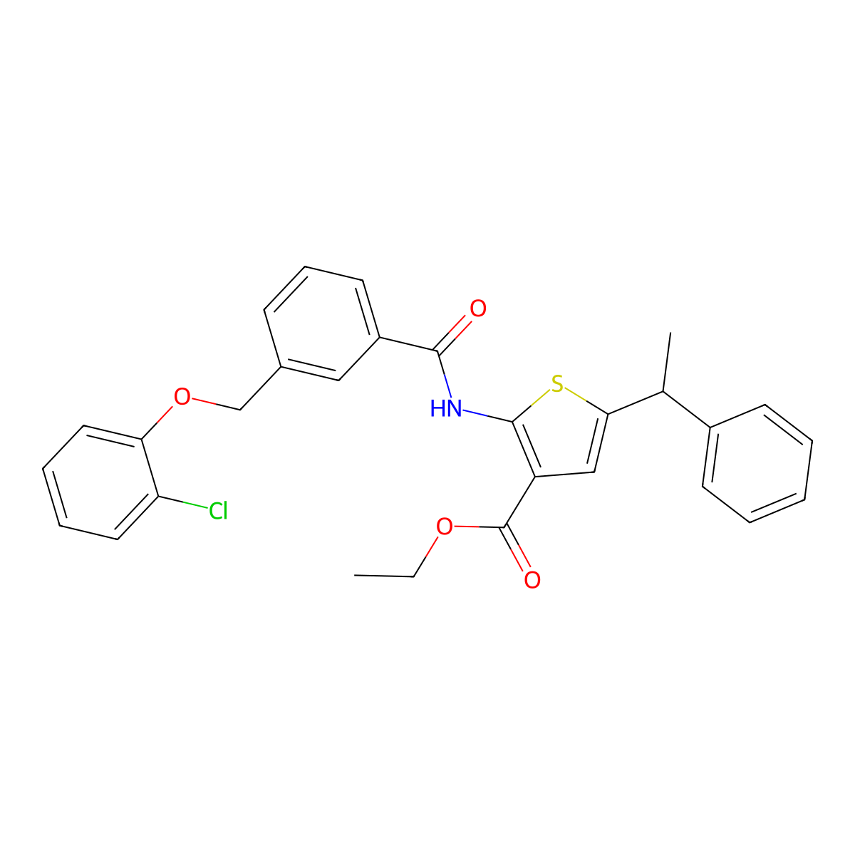 Ethyl 2-({3-[(2-chlorophenoxy)methyl]benzoyl}amino)-5-(1-phenylethyl)-3-thiophenecarboxylate molecular structure, CAS 438230-73-0