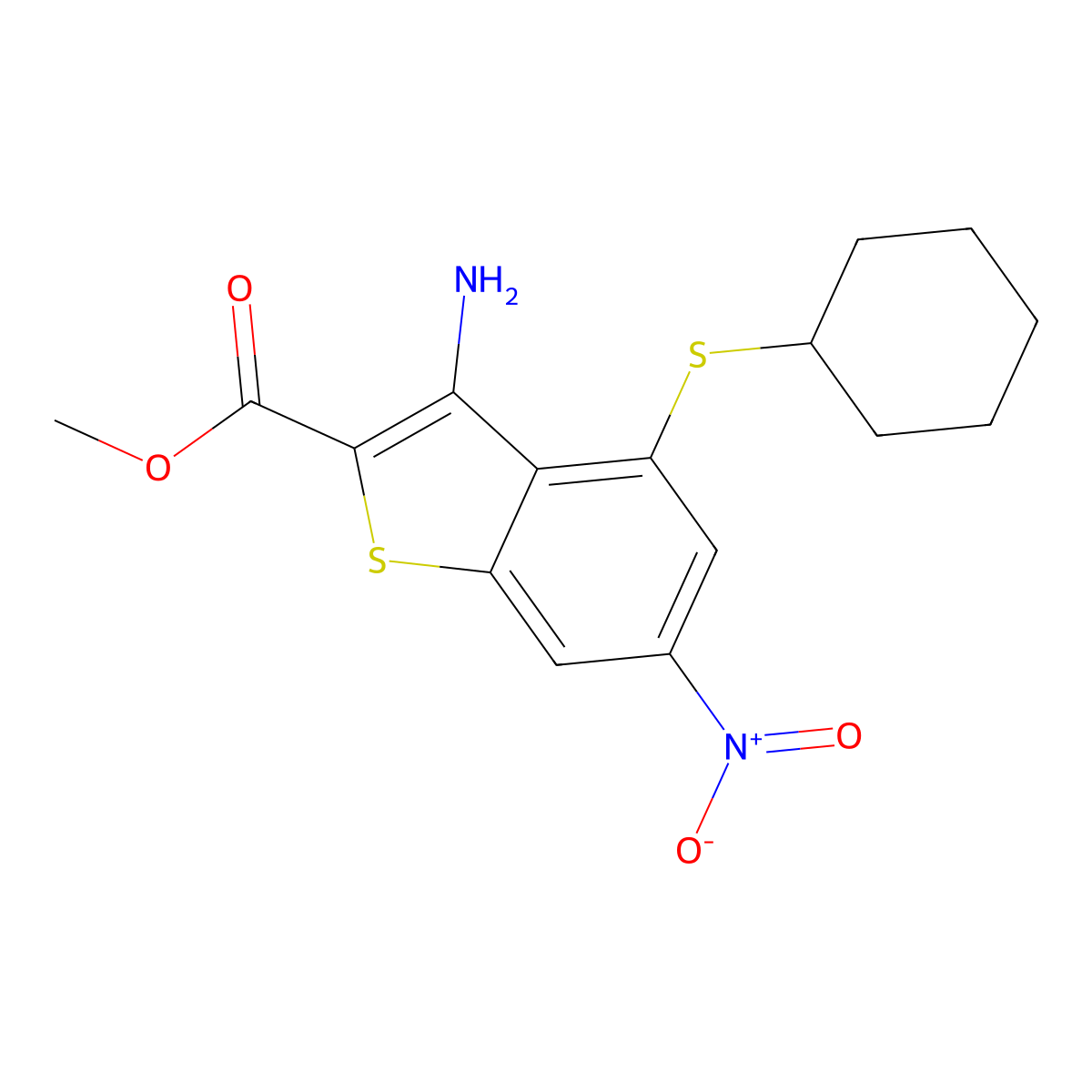 Methyl 3-amino-4-(cyclohexylsulfanyl)-6-nitro-1-benzothiophene-2-carboxylate molecular structure, CAS 438230-79-6