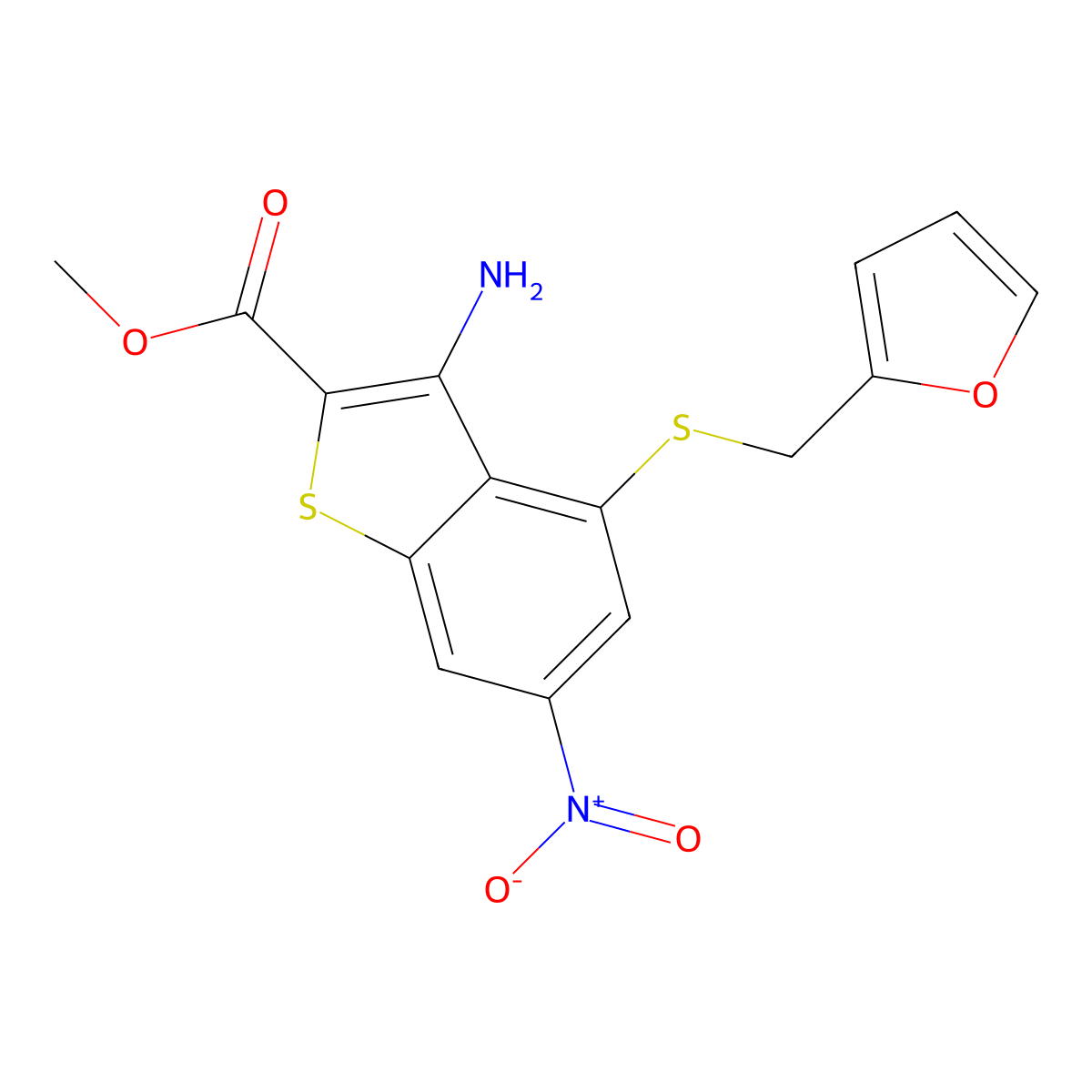 Methyl 3-amino-4-[(2-furylmethyl)sulfanyl]-6-nitro-1-benzothiophene-2-carboxylate molecular structure, CAS 438230-85-4