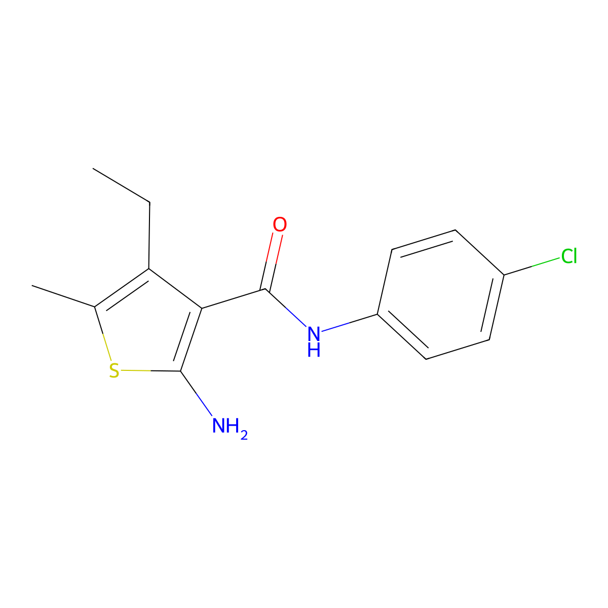 2-amino-N-(4-chlorophenyl)-4-ethyl-5-methylthiophene-3-carboxamide molecular structure, CAS 438231-19-7
