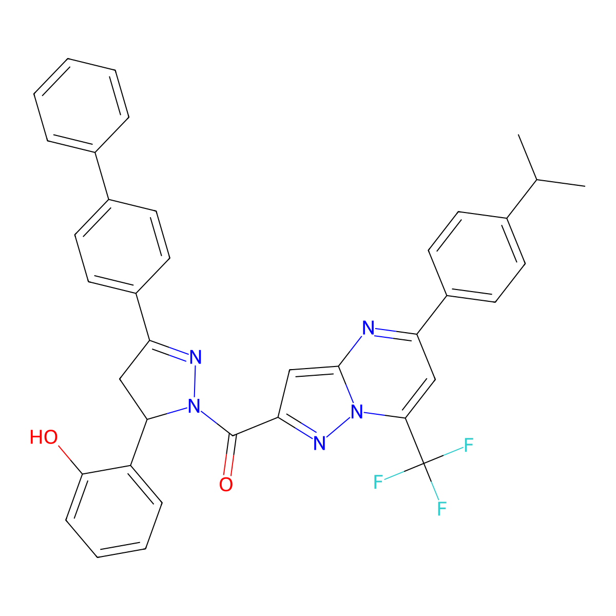 [3-(2-Hydroxyphenyl)-5-(4-phenylphenyl)-3,4-dihydropyrazol-2-yl]-[5-(4-propan-2-ylphenyl)-7-(trifluoromethyl)pyrazolo[1,5-a]pyrimidin-2-yl]methanone molecular structure, CAS 438231-32-4