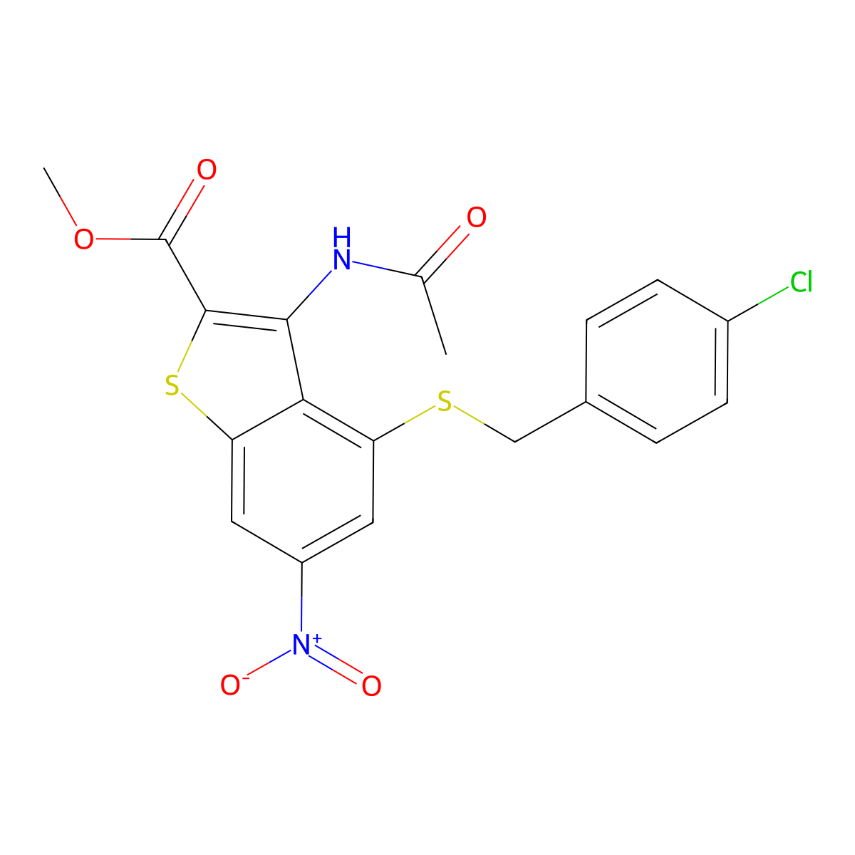 Methyl 3-(acetylamino)-4-[(4-chlorobenzyl)sulfanyl]-6-nitro-1-benzothiophene-2-carboxylate molecular structure, CAS 438231-33-5