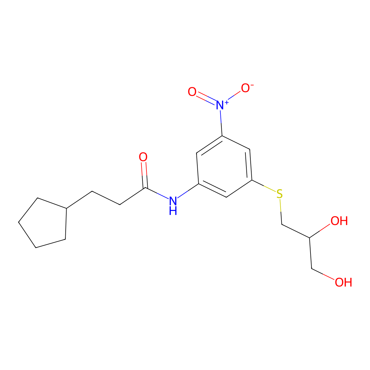 3-cyclopentyl-N-{3-[(2,3-dihydroxypropyl)sulfanyl]-5-nitrophenyl}propanamide molecular structure, CAS 438231-38-0