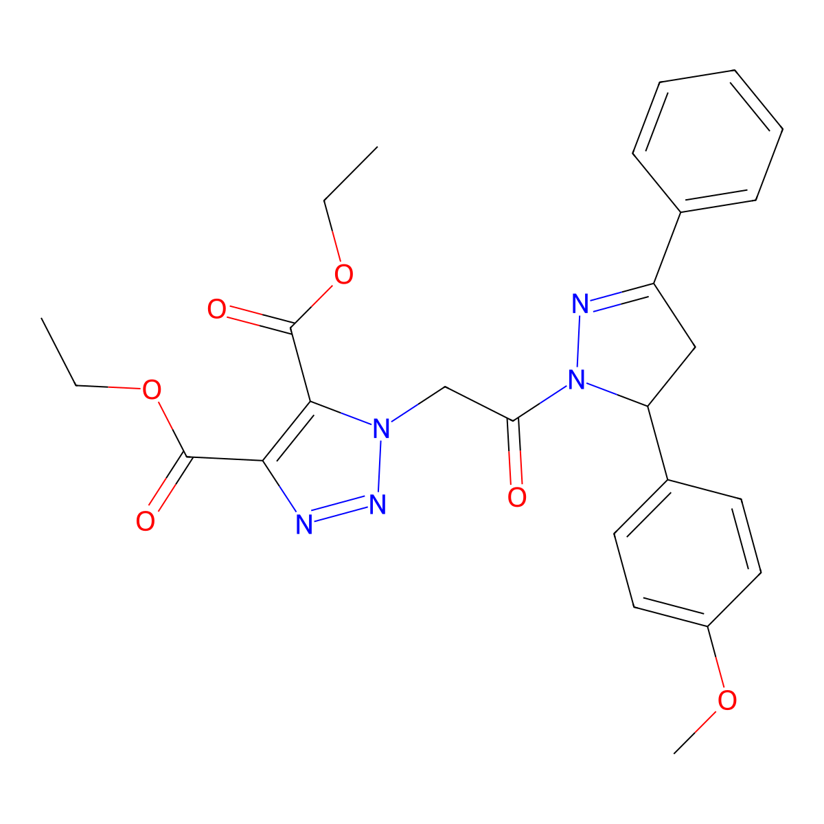 diethyl 1-{2-[5-(4-methoxyphenyl)-3-phenyl-4,5-dihydro-1H-pyrazol-1-yl]-2-oxoethyl}-1H-1,2,3-triazole-4,5-dicarboxylate molecular structure, CAS 438231-42-6