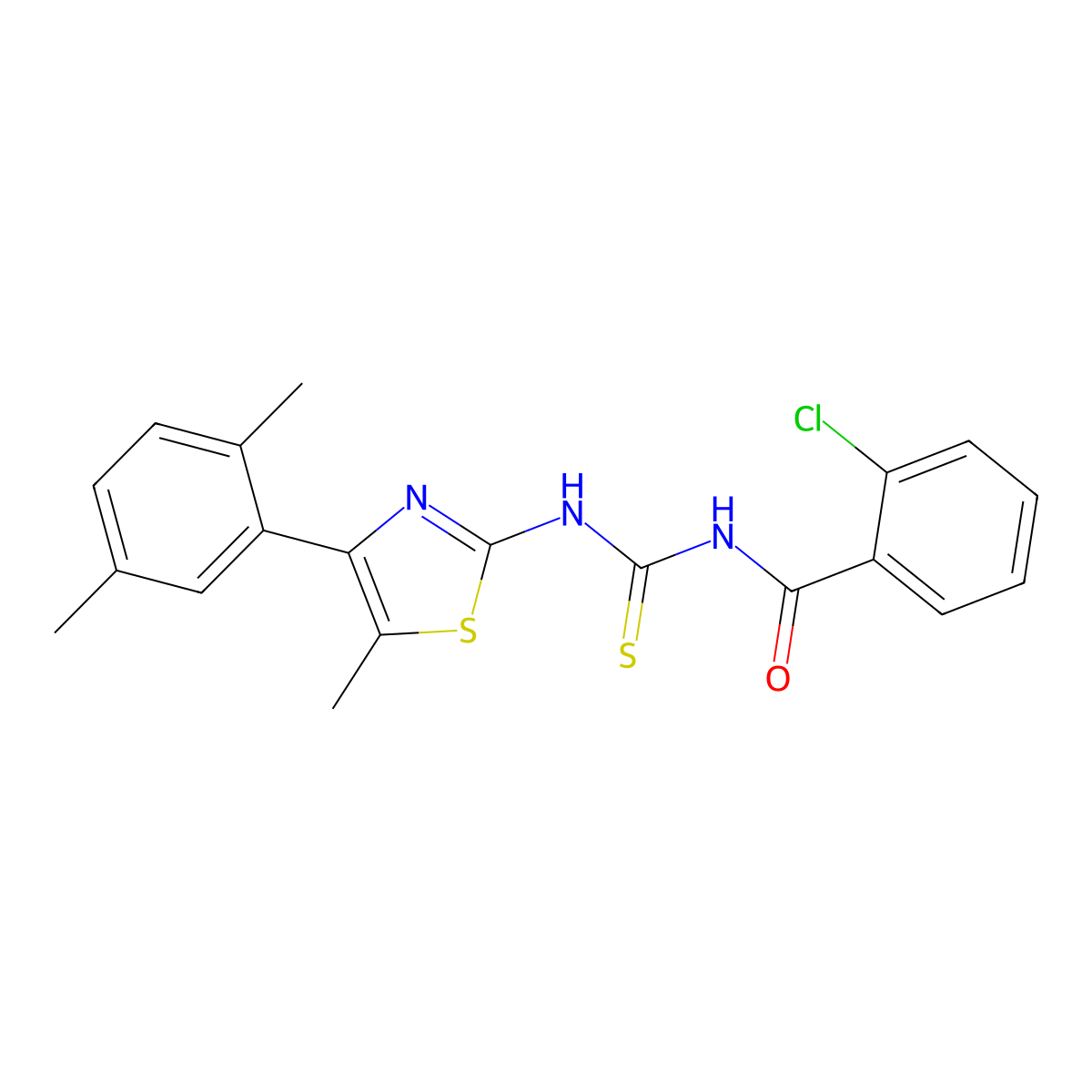 2-chloro-N-[[4-(2,5-dimethylphenyl)-5-methyl-1,3-thiazol-2-yl]carbamothioyl]benzamide molecular structure, CAS 438231-46-0